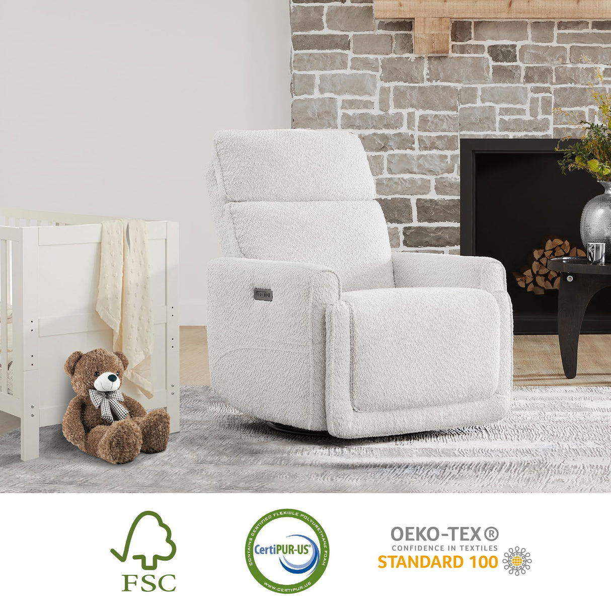 CHITA Electronic Power Recliner Chair Swivel Glider, FSC Certified Modern Nursery Rocking Chair with USB and Type-C Ports, Boucle White CHITA