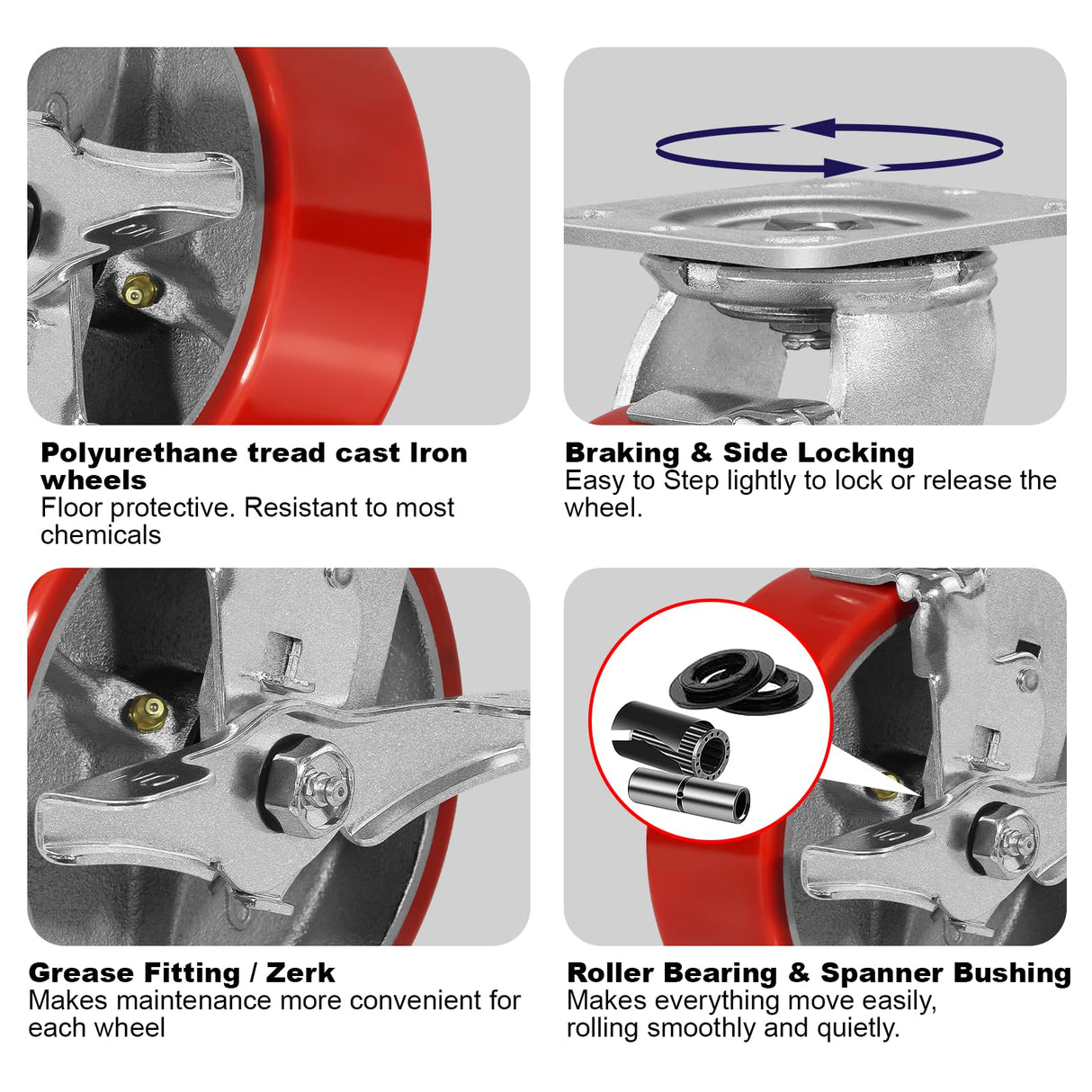 NINOSO 6'' Caster Wheels, Heavy Duty Casters with Polyurethane Wheel, Industrial Casters Set of 4 with Capacity 4800lbs, Widely Used in Workbench Tool Box Furniture (4 Pack Brakes) Ninoso