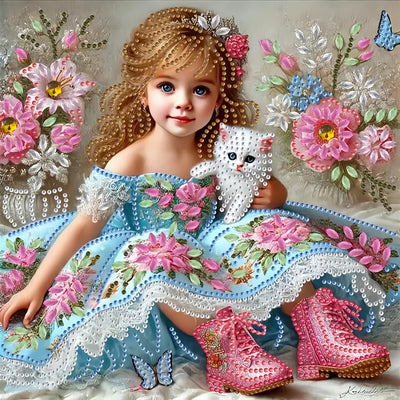 5D Diamond Art Kits for Adults,Cute Little Princess and Her Pet Cat Special Shape Diamond Painting Kits for Beginners, DIY Crystal Paint by Diamonds Dots Gem Art Craft for Home Decor 11.8x11.8 Inch