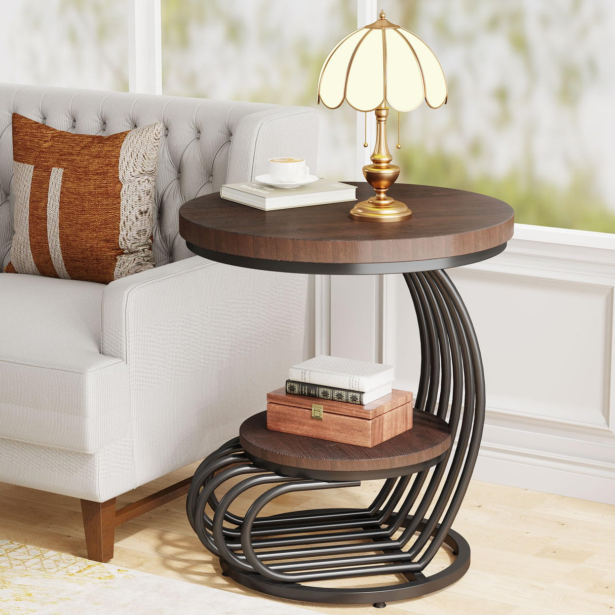 Tribesigns Round End Side Table: Side Table with 2 Tiers Storage Shelves, Vintage End Table for Living Room, Small Bedside Table Accent Table with Arc-Shaped Frame, Rustic Brown Tribesigns