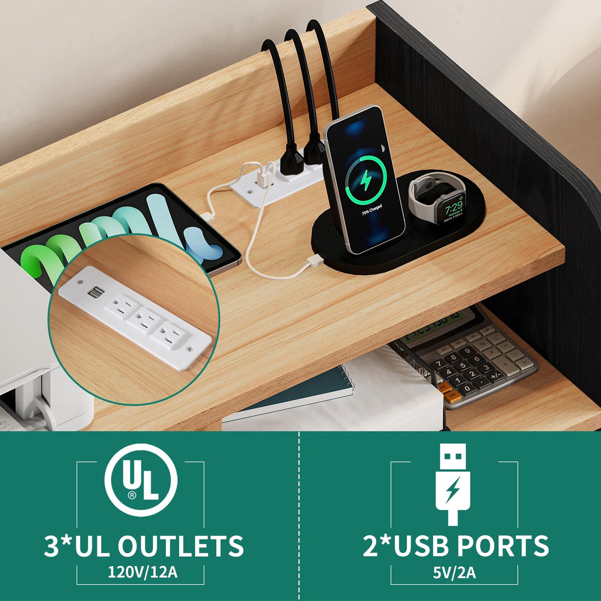 YITAHOME File Cabinet with Charging Station, Printer Table Cabinet for Home Office, Printer Stand Cart, Fits A4, Letter, Legal Size Files, Office Furniture, Black YITAHOME