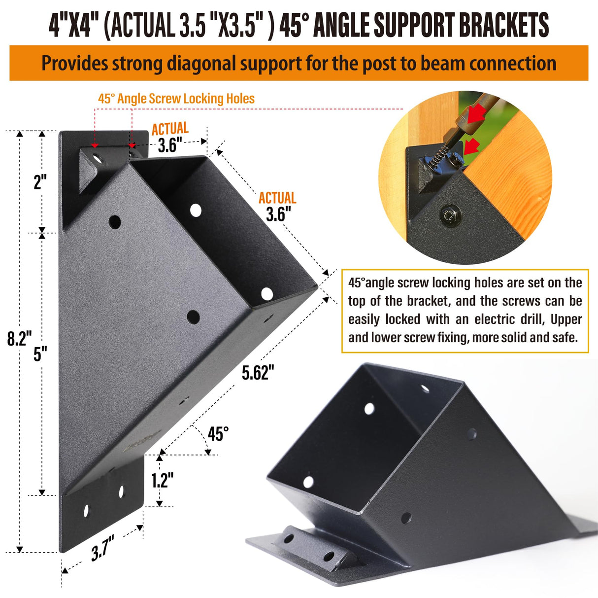 Wocepu 4pack 4x4 (Actual 3.5''x3.5'') Degree Angle Support Brackets, For Pergola, Gazebo, Deck Wood Frame Structures Provide Support 45° Degree Angle Bracket WOCEPU