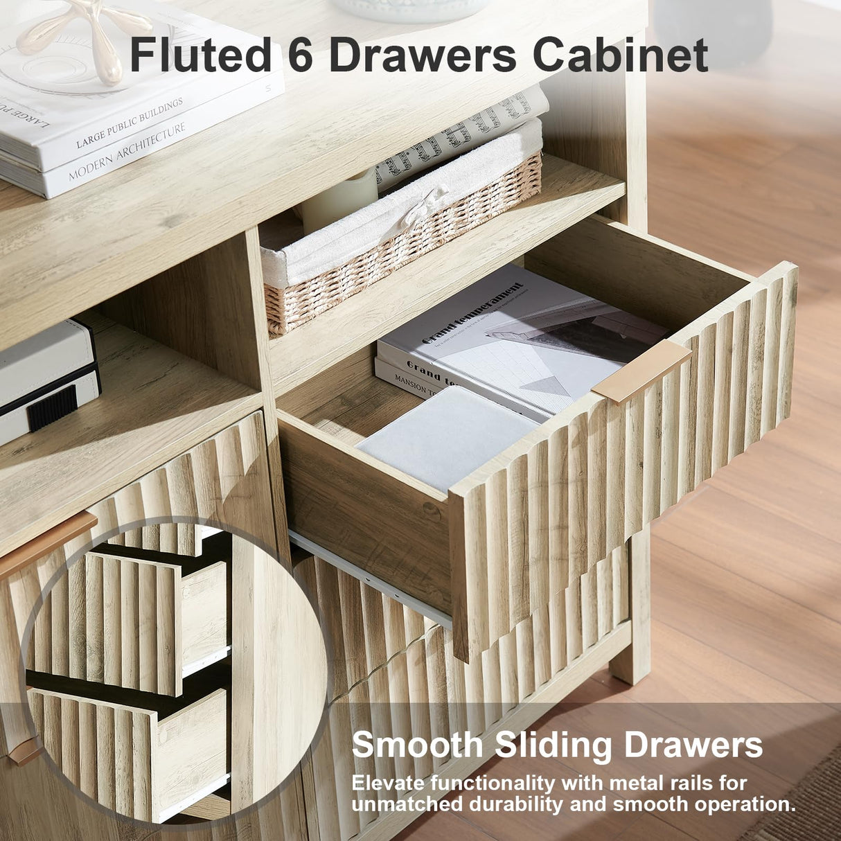 OAKHAM HOME 6 Drawer Dresser Fluted 6 Drawers Dresser Wood Modern Chest of Drawers with 2 Open Shelves, Wide Drawer Organizer Thickened Board Dresser TV Stand for Bedroom(Sunwashed Ash Oak) OAKHAM HOME