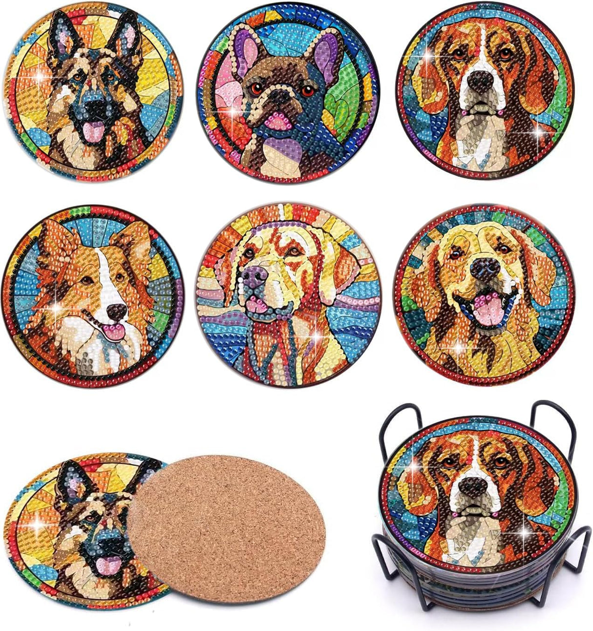 Puraikcmi 6pcs Dogs DIY Diamond Art Painting Kits Coasters with Holder, Diamond Coasters by Number Adults Crafts Full Drill Round Mosaic Stitch Art Craft Supplies Puraikcmi