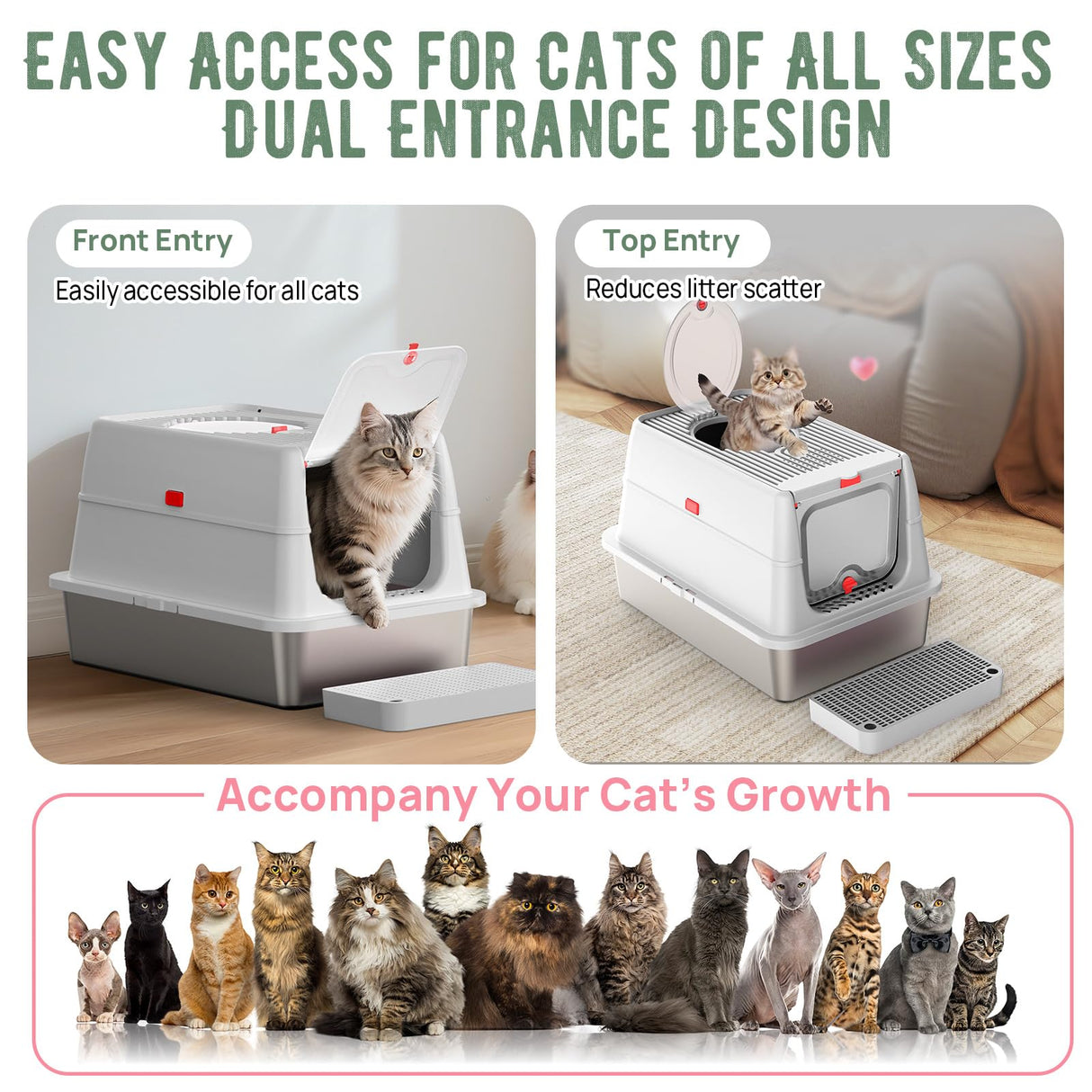 Stainless Steel Cat Litter Box: Enclosed Cat Litter Boxes with Lid - Extra Large Metal Kitty Litterbox with High Sides Top Entry XL Litter Pan Tray for Big Cats Anti-Leakage BEST JAJA