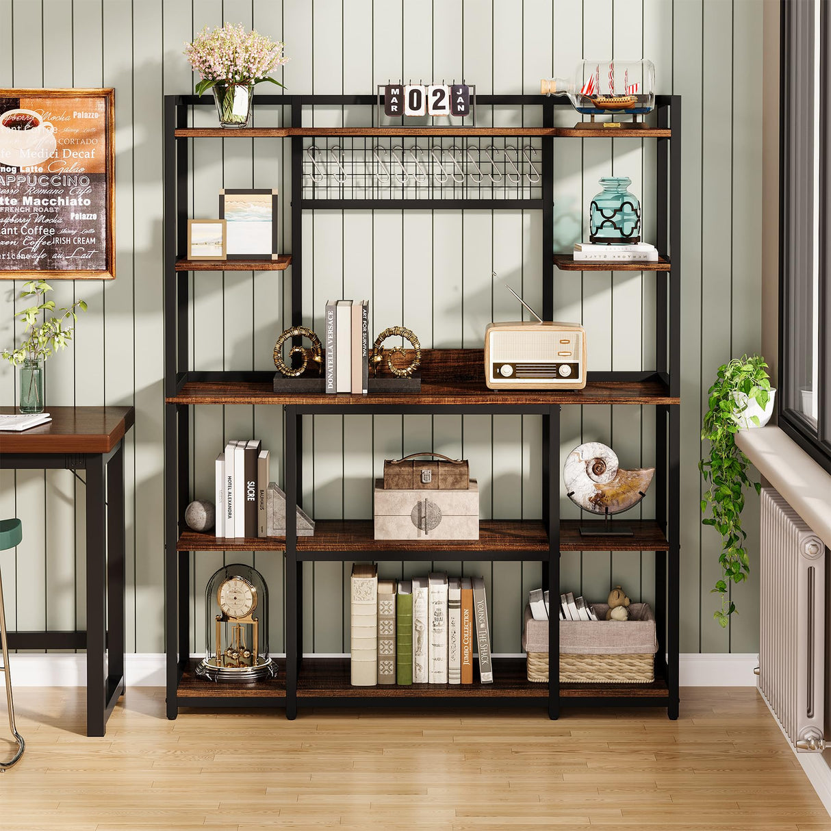 Tribesigns Kitchen Bakers Rack, 5-Tier Microwave Stand with Metal Frame, 55" Wide Kitchen Storage Shelf, Large Coffee Bar Station Baker's Rack with 11 Hooks, Rustic Brown Tribesigns