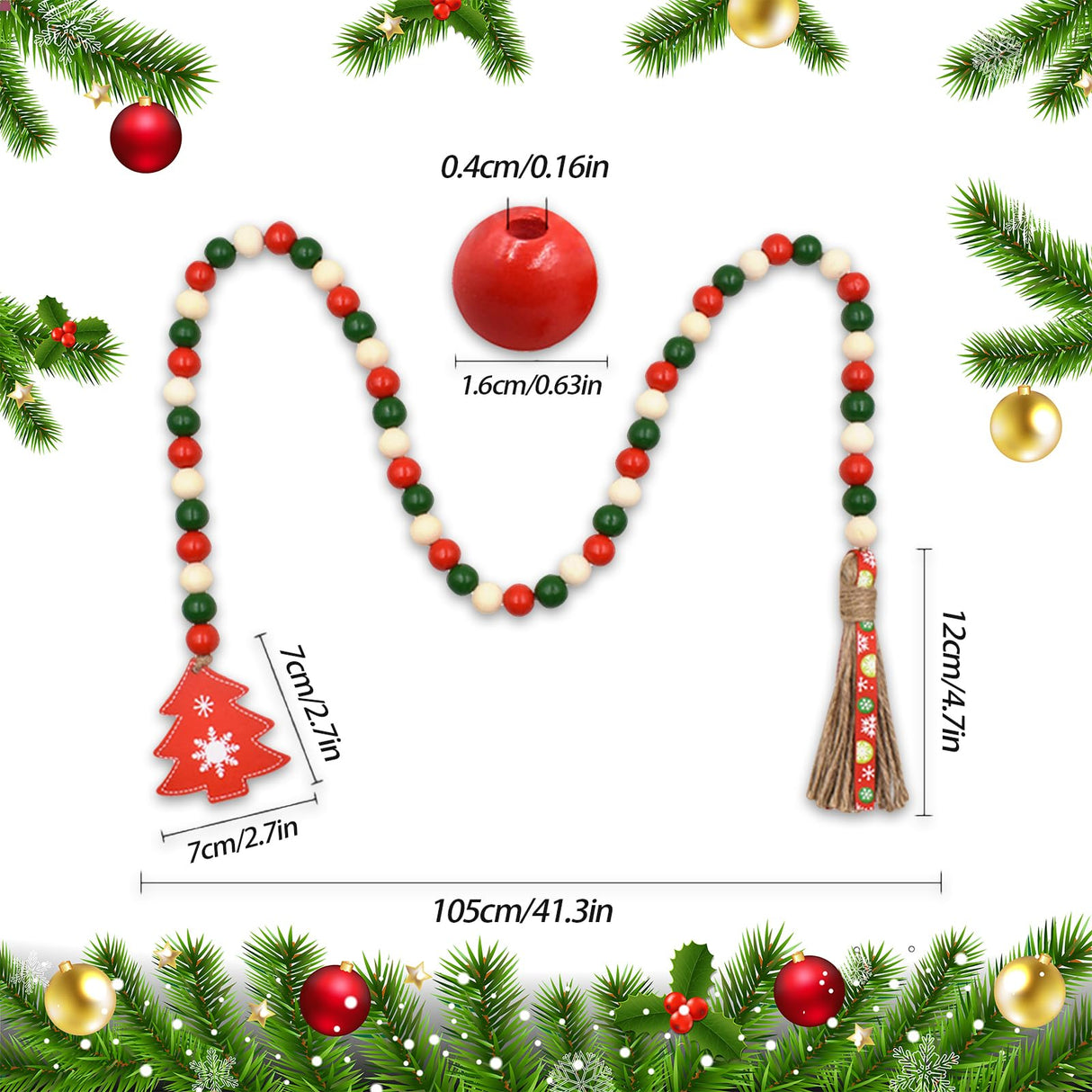 Wood Bead Garland for Christmas Tree, Christmas Wood Bead Garland Christmas Wooden Beads Garland Christmas Wood Garland Christmas Wood Bead Garland with Tassels Red and White Christmas Decor HEEYA