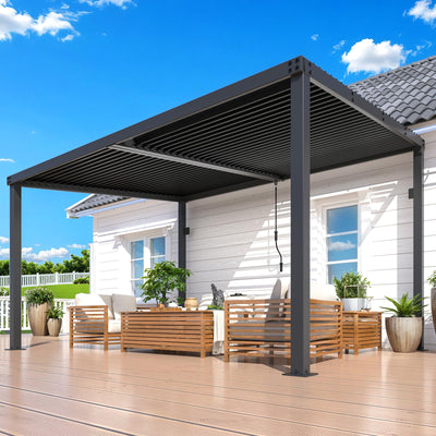 AECOJOY 13' x 10' Louvered Gazebo Pergola, 10x13 Outdoor Hardtop Wall-Mounted Lean to Gazebo with Adjustable Metal Rainproof Patio Roof, Pergolas and Gazebos Clearance, Heavy Duty Awnings for Patio