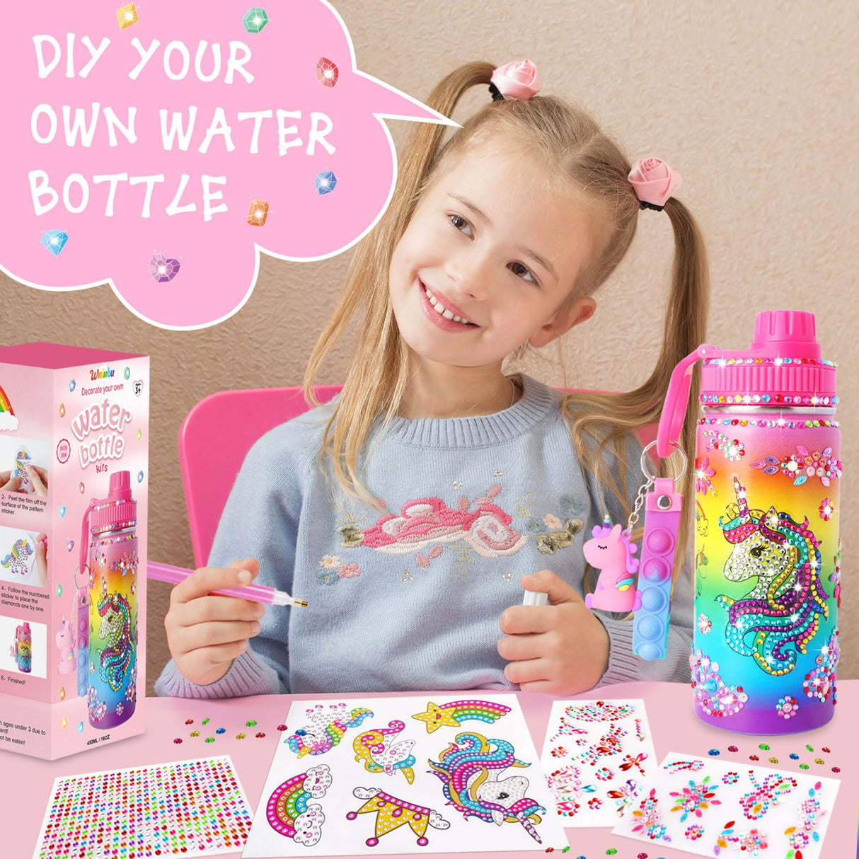 Wninbu Decorate Your Own Water Bottle Kits for Girls,Stainless Steel Unicorn Water Bottle Girls,Arts and Crafts Ages 4-6-8-10,Gem Art Unicorn Toys Gifts Birthday Christmas Stocking Stuffers (Unicorn) Wninbu