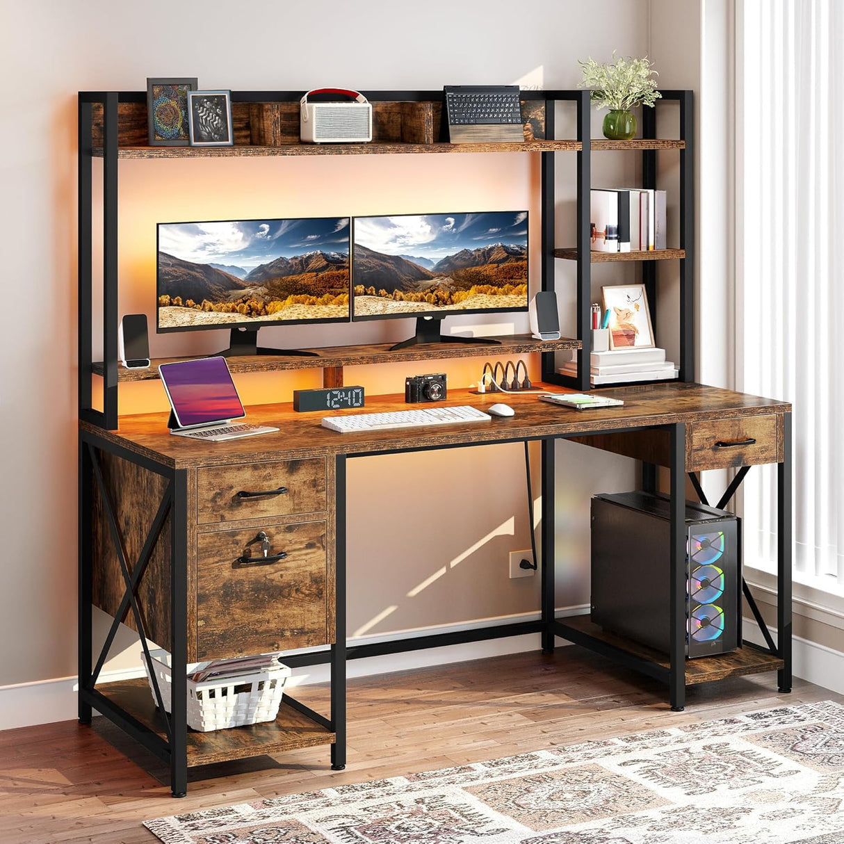 DWVO Computer Desk with Drawers & Hutch, 59.1" Office Desk with Power Outlets & LED Lights, Home Office Desk with Storage Shelves, Rustic Brown DWVO