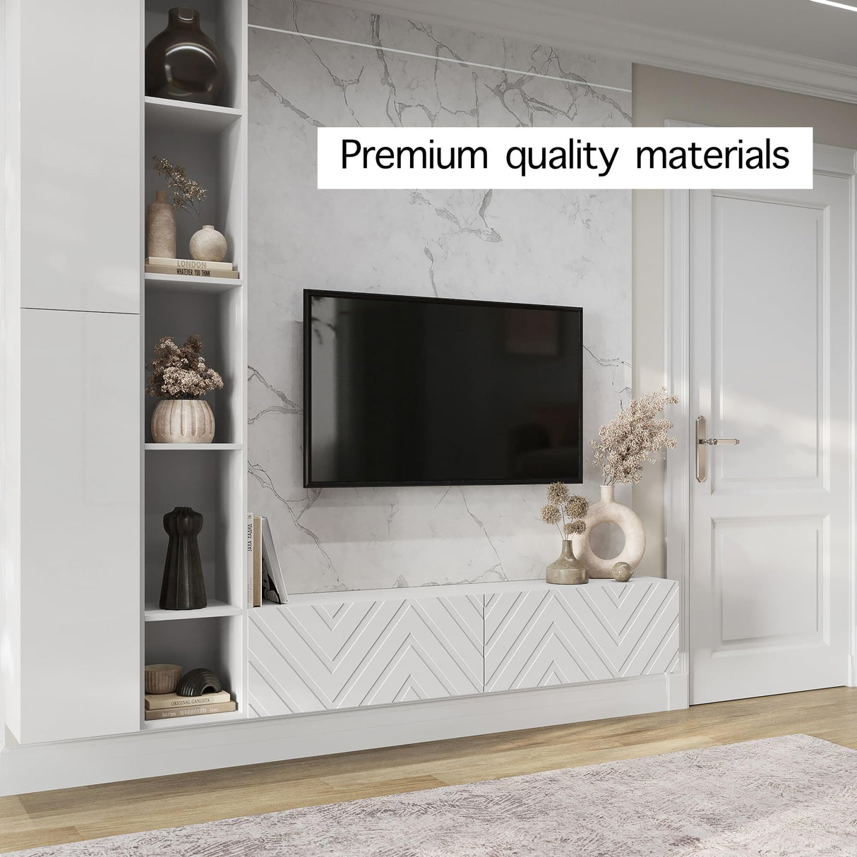 Living Skog Floating TV Stand Wall Mounted for Living Room and Bedroom, Media, Entertainment Center with Storage and Drawers Fits TV 50 55 60 65 inch Cabinet (Alessio White, 59 in) Living Skog