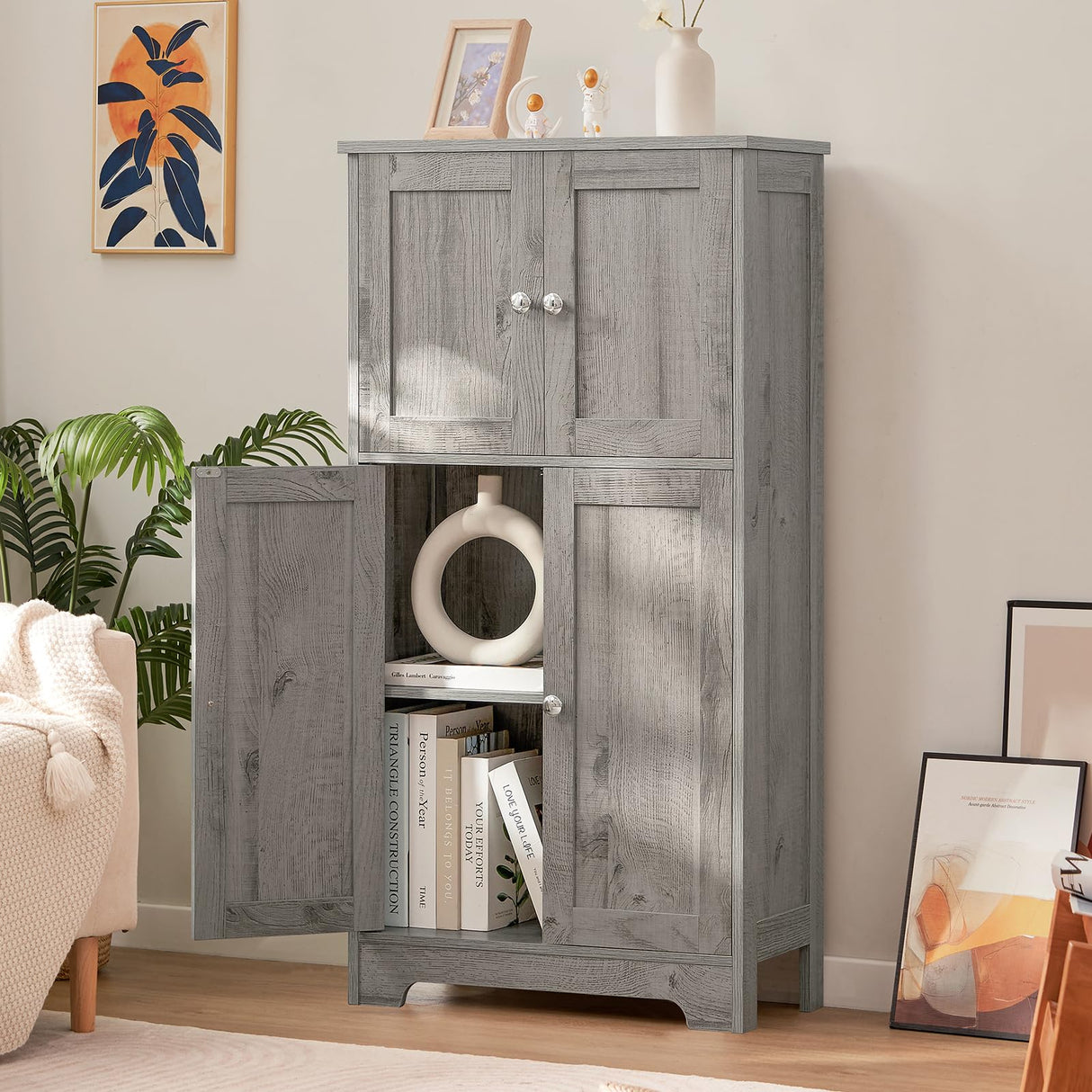 TEENFON Bathroom Floor Storage Cabinet, Freestanding Bathroom Storage Unit with 2 Adjustable Shelves & 4 Doors, 11.8 x 23.6 x 42.7 Inches, Grey TEENFON