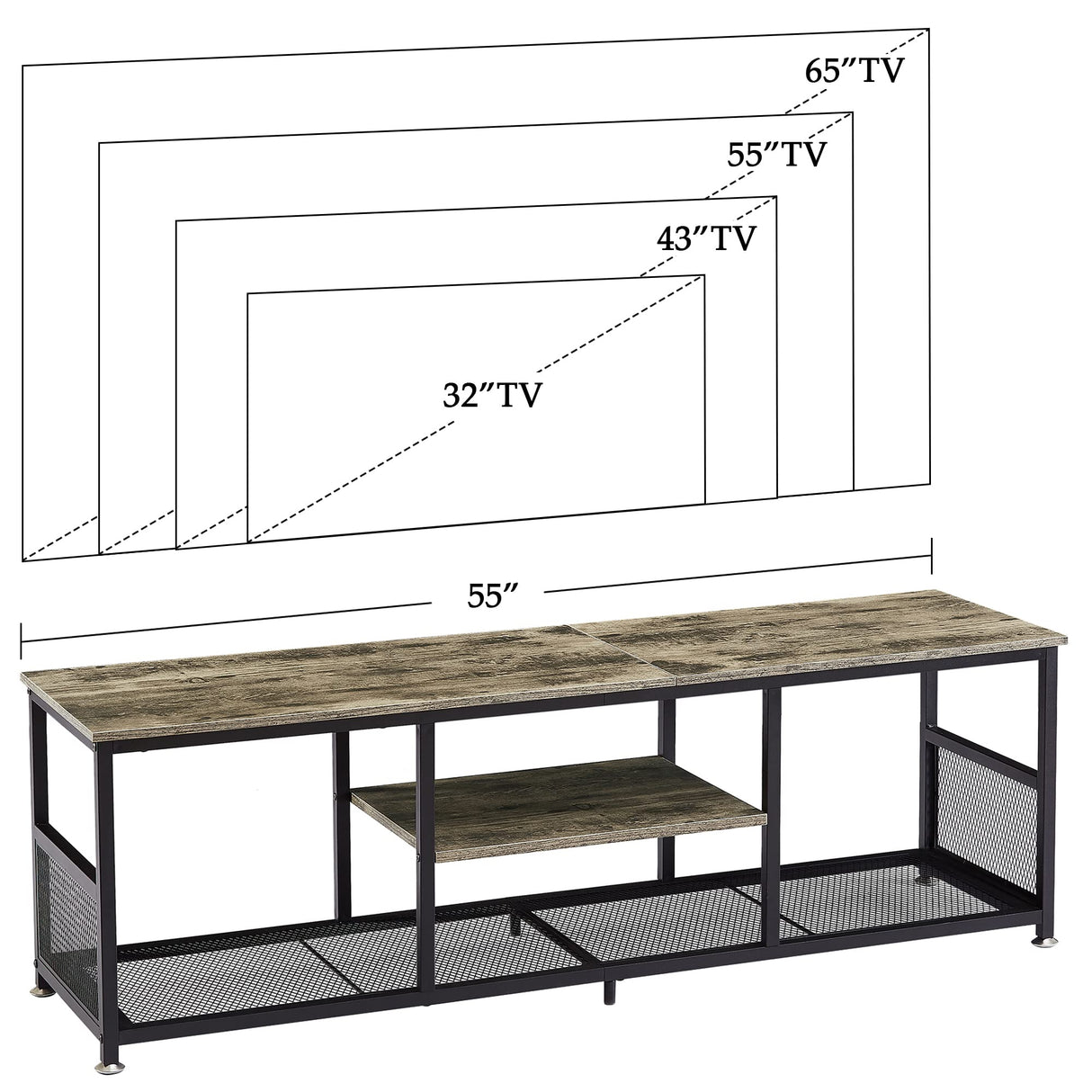 VECELO Industrial TV Stand for Televisions up to 65 Inch, 55" Entertainment Center with Open Storage Shelves for Living Room/Bedroom, 3 Tiers Media Console Table with Metal Frame, Grey, 55 Inches VECELO