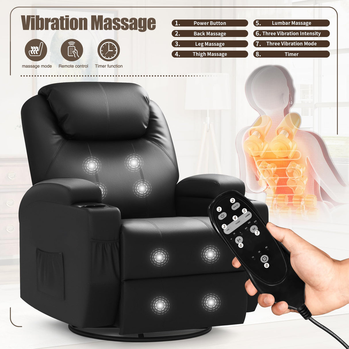 JUMMICO Recliner Chair, Rocking Massage Chairs, Home Reclining Sofa Chair, PU Leather, Ergonomic Living Room Chair with Cup Holders, Remote Control (Black) JUMMICO