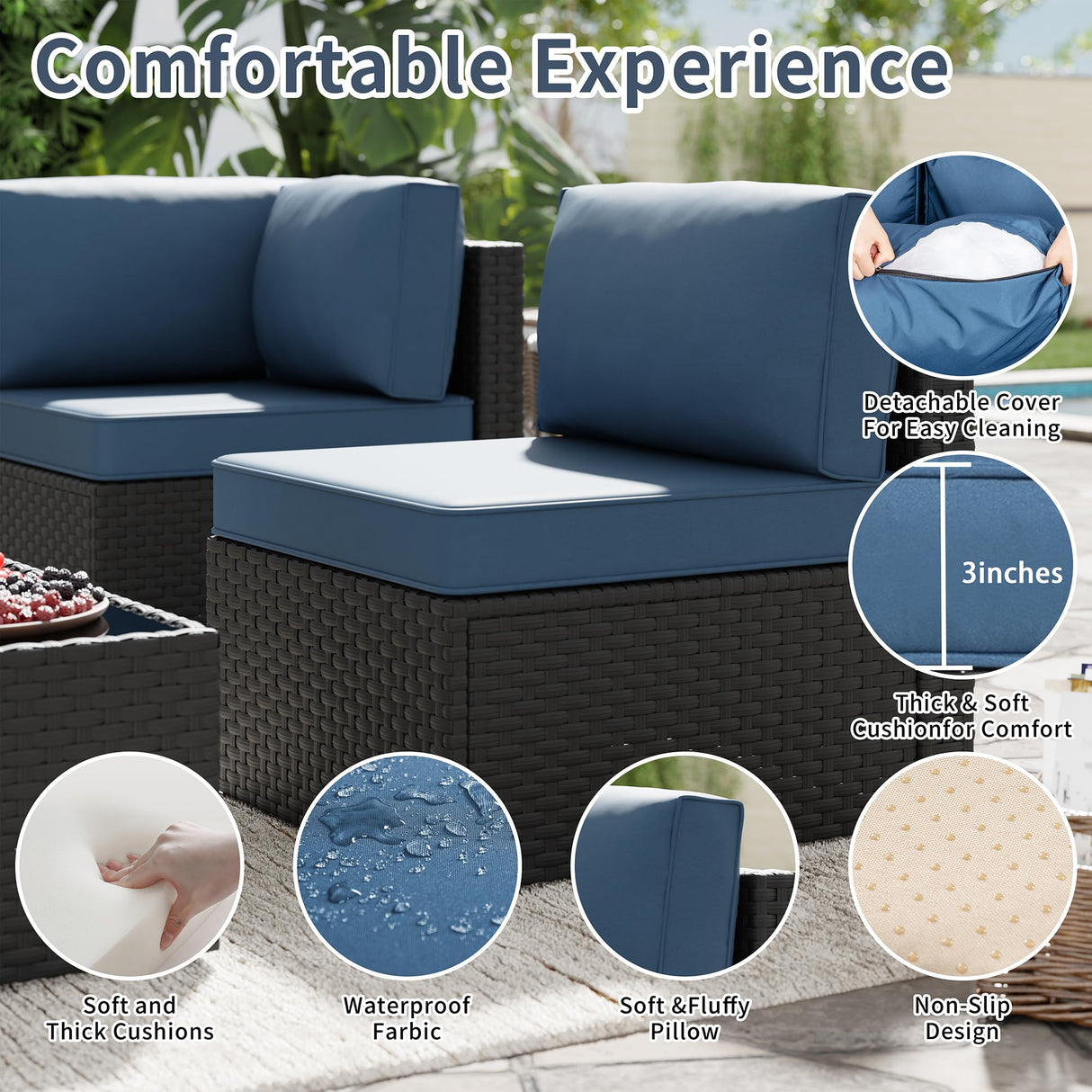 5 Piece Patio Furniture Sets, Low Back All-Weather Rattan Sectional Sofa with Tea Table&Washable Couch Cushions, Patio Furniture Sets, Black Rattan SUNLEI