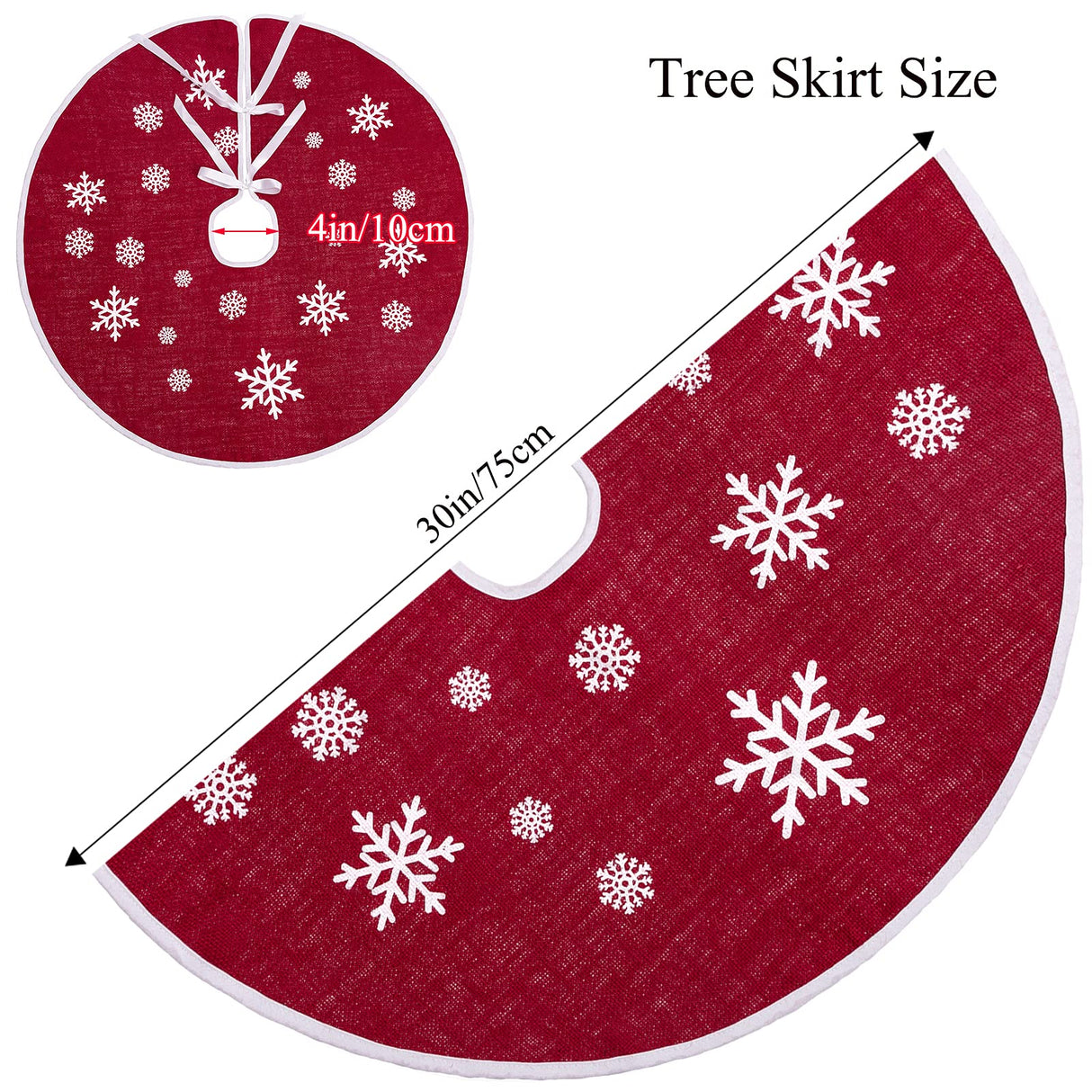 MACTING Christmas Burlap Tree Skirt, 30 Inch Red Countryside Tree Skirt with White Snowflake Printed, Small Rustic Tree Mat for Home Party Holiday Winter Indoor Xmas Decorations MACTING