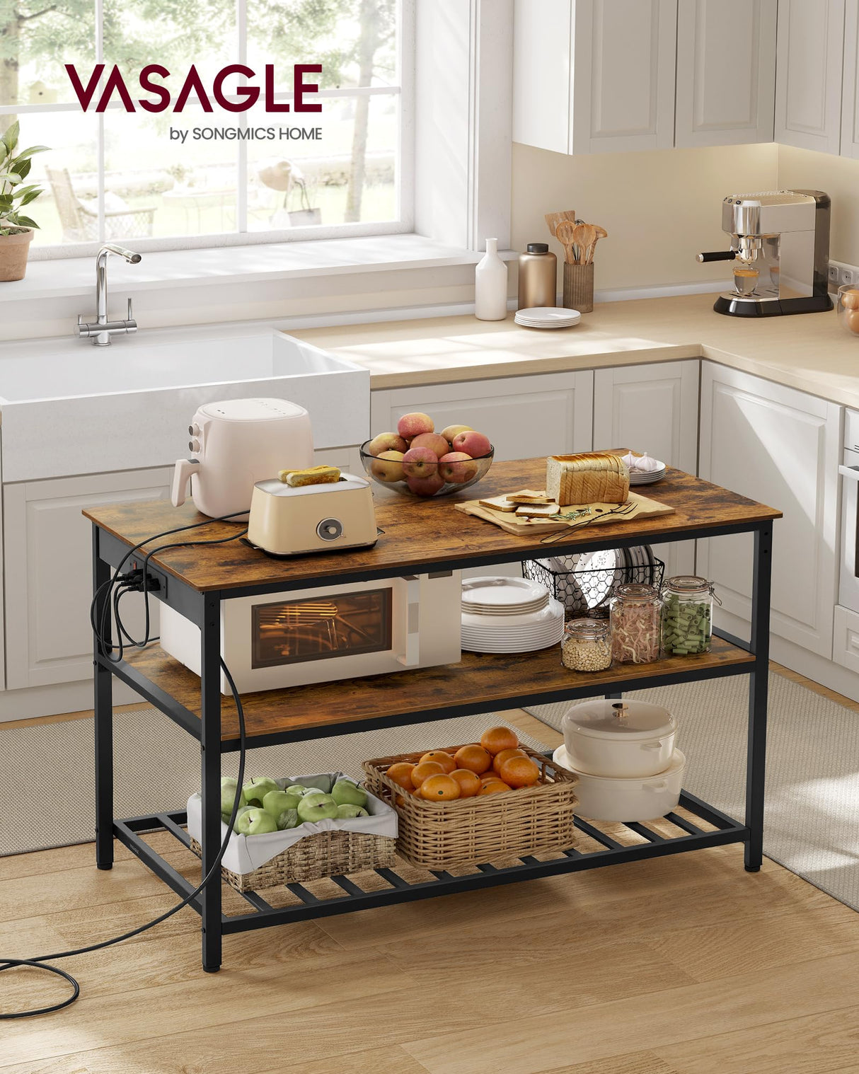 VASAGLE Kitchen Island with 3 Shelves, 47.2 Inches Width Kitchen Shelf with Power Strip, Large Worktop, Stable Steel Structure, Industrial, Easy to Assemble, Rustic Brown and Black UKKI101K01 VASAGLE