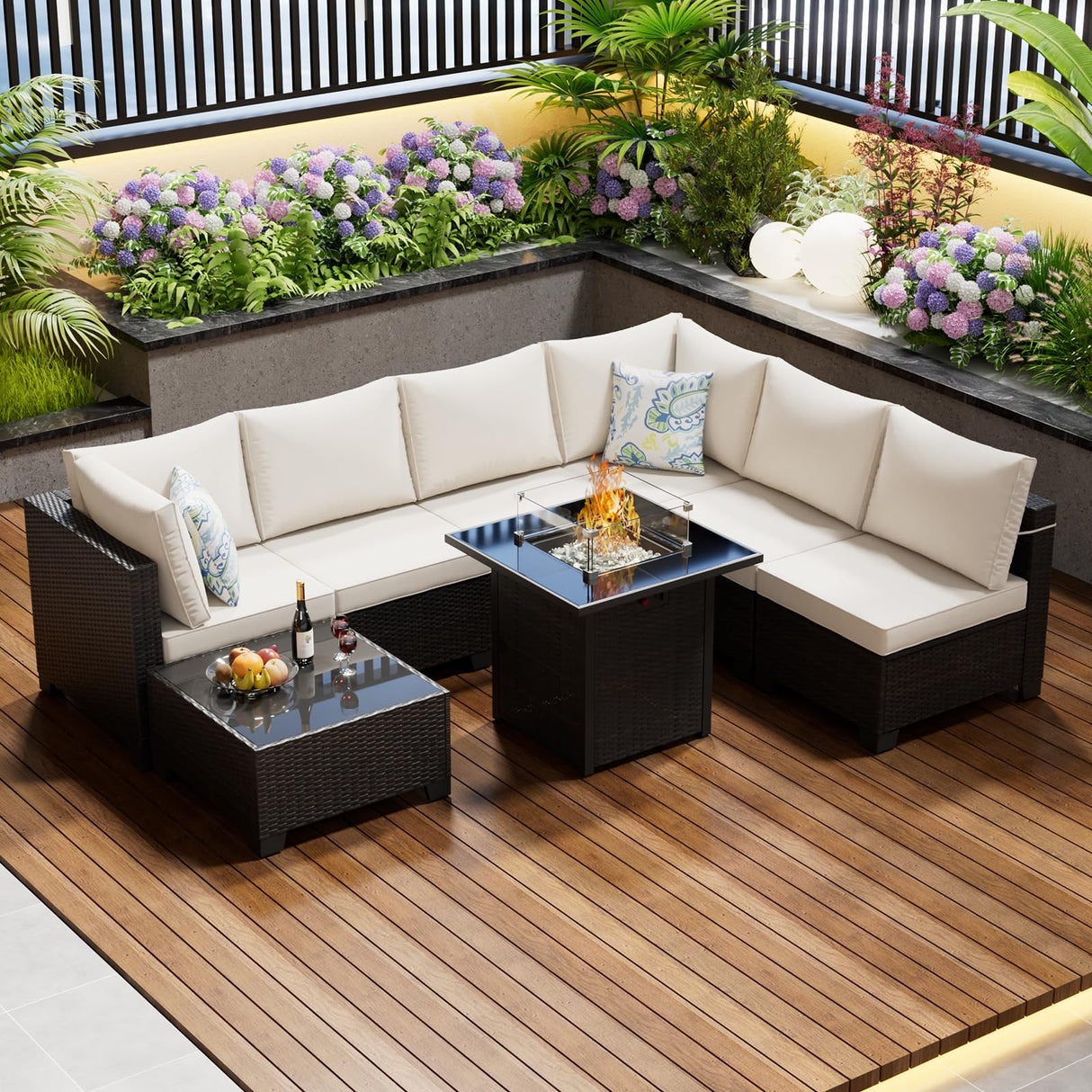 Peacabo Patio Furniture Set with Fire Pit Table, 8-Piece Outdoor Furniture Sofa Set with Thick Cushions, Wicker Sectional Sofa for Porch Garden Backyard, Brown/Beige Peacabo