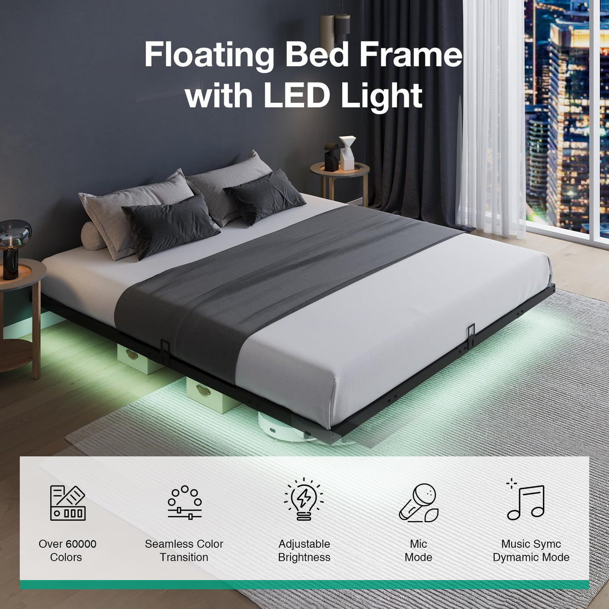 Novilla Floating Bed Frame with LED Lights, Modern Platform King Size Bed Frame with Mattress Slide Stopper, Easy Assembly, No Box Spring Needed, Noise Free Novilla