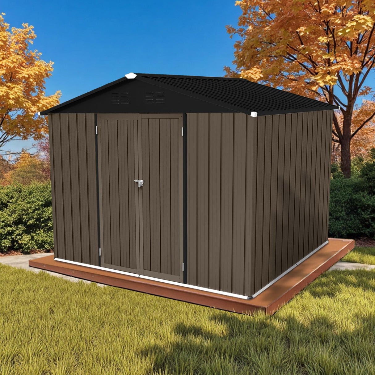 8' x 6' Outdoor Storage Shed, Sturdy Metal Building w/Lockable Doors for Garden, Backyard, Poolside and Lawn, Brown LINKHOO