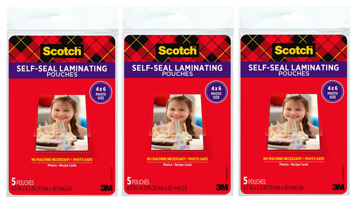 Scotch Self-Sealing Laminating Pouches, 4 x 6 Inches, 3-Pack of 5 Pouches – No Machine Needed, Clear, Photo Safe Scotch