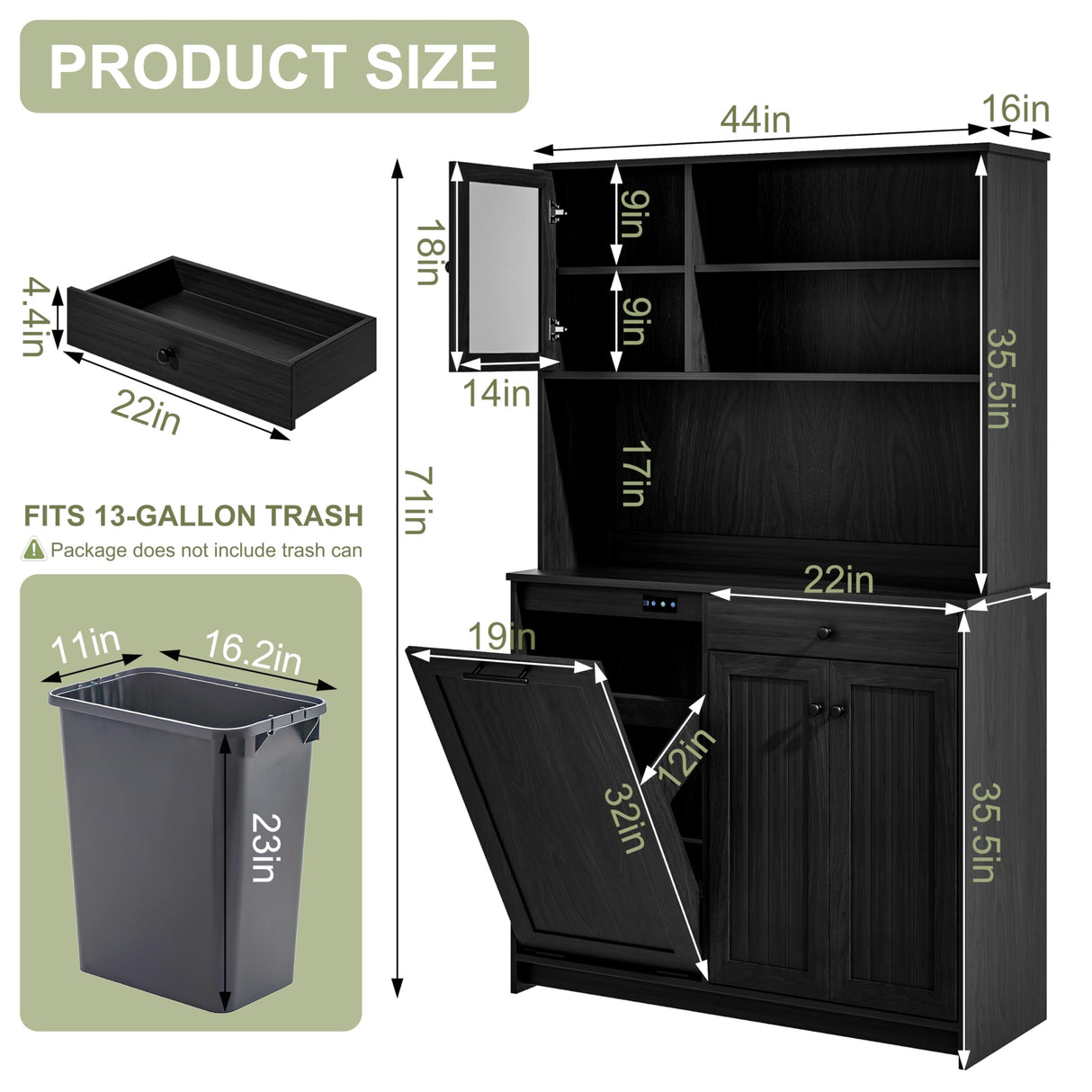 XM-ICE Freestanding Tilt-Out Trash Can Cabinet with Deodorising Function, 70" Kitchen Pantry, Storage with Microwave Shelf & Adjustable Shelves for 10 Gallons Bin, Kitchen Hutch, Black XM-ICE