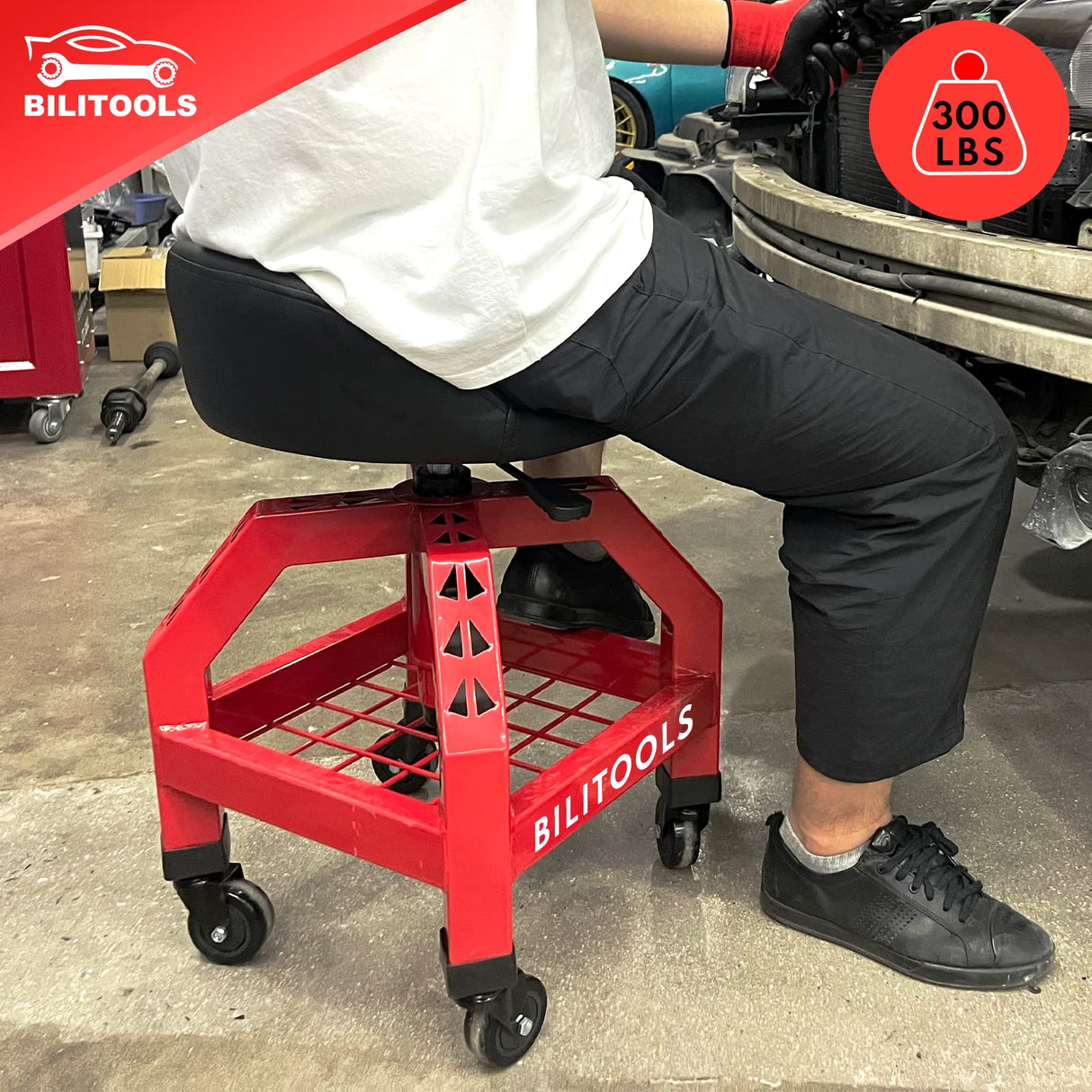 BILITOOLS Rolling Shop Stools with Wheels, Adjustable Garage Mechanic Stool 16" Oversized Seat & Backrest, 300 LBS Shop Chair for Garage with Wheels Heavy-Duty 360° Swivel Tool Tray Storage BILITOOLS