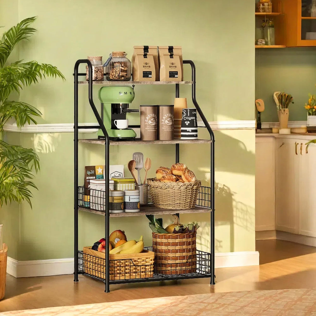 Microwave Stand with Storage 4-Tier, Bakers Racks for Kitchens, Coffee Cart Microwave Cart with Storage, Metal Bakers Rack with Storage, Coffee Cart with 5 S-Hooks Sonyabecca