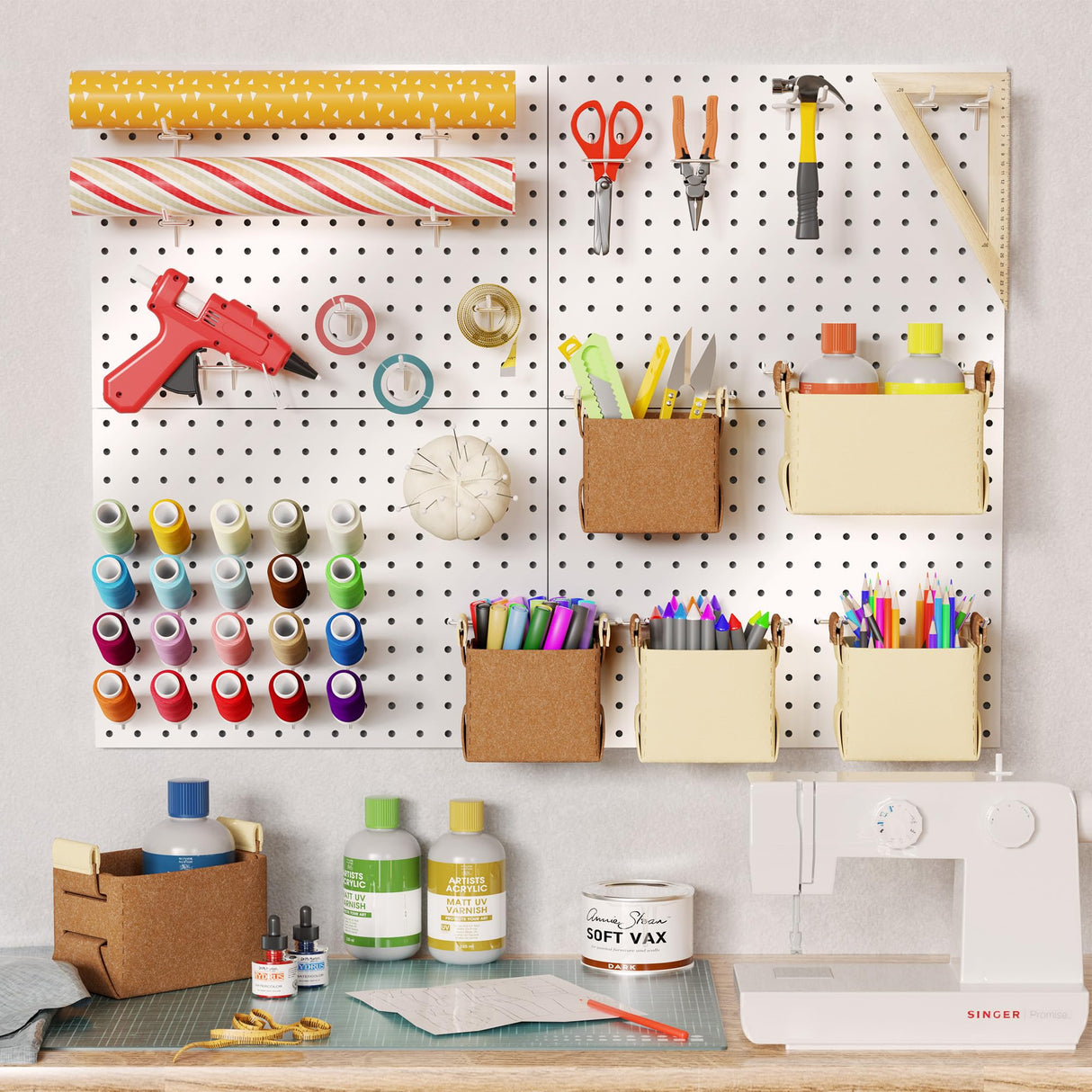 Spampur Peg Board, 4 Pack Metal PegBoard Organizer with Accessories, White Pegboard Panels with 50 Pcs Hooks and Baskets, Wall Organizer for office, Craft Room Organization, Garage, Sewing Room Spampur