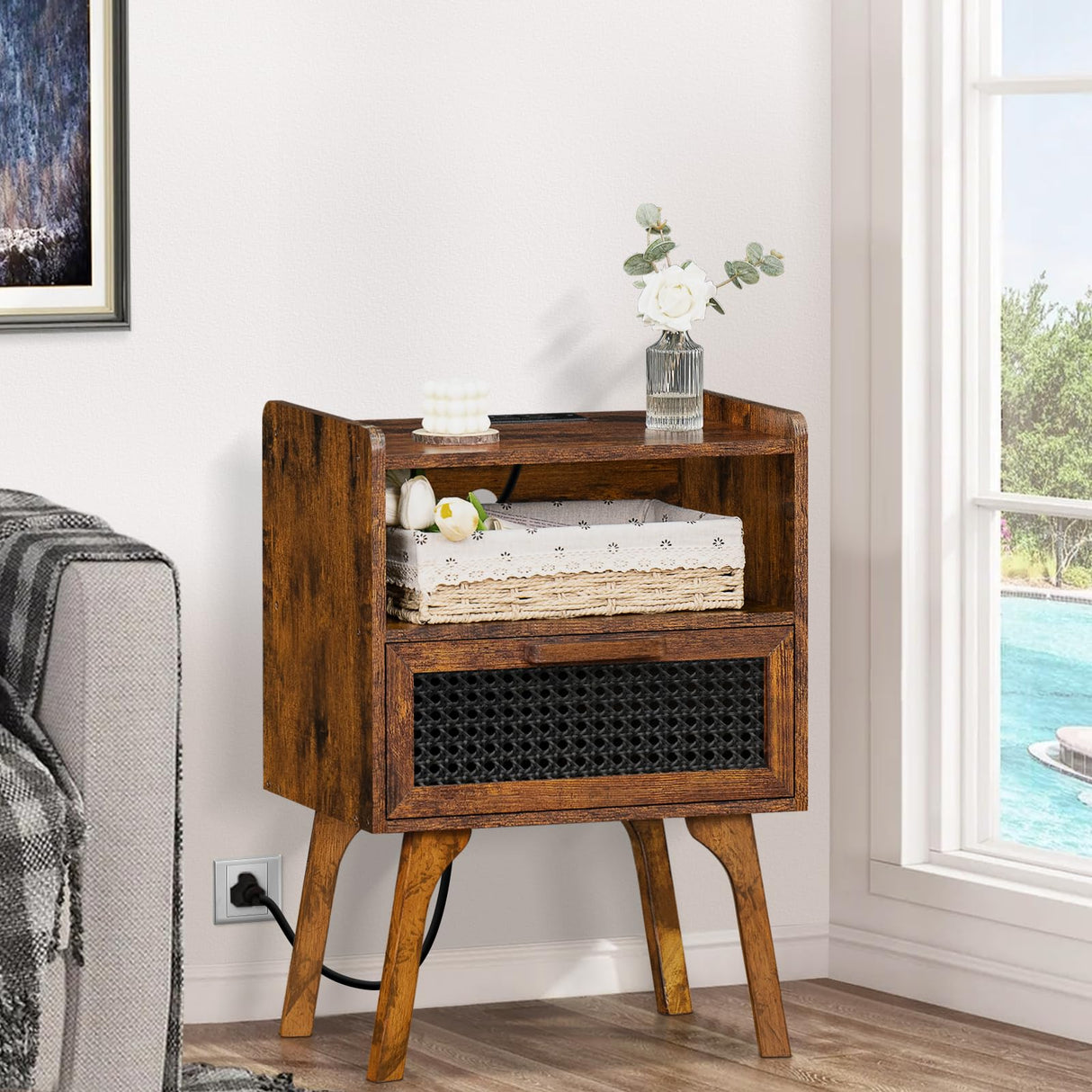 Lerliuo Rattan Nightstands Set of 2 with Charging Station, Boho Side Table with Drawer Open Shelf, Cane Accent Bedside End Table with Solid Wood Legs for Bedroom, Dorm and Small Spaces (Brown) Lerliuo