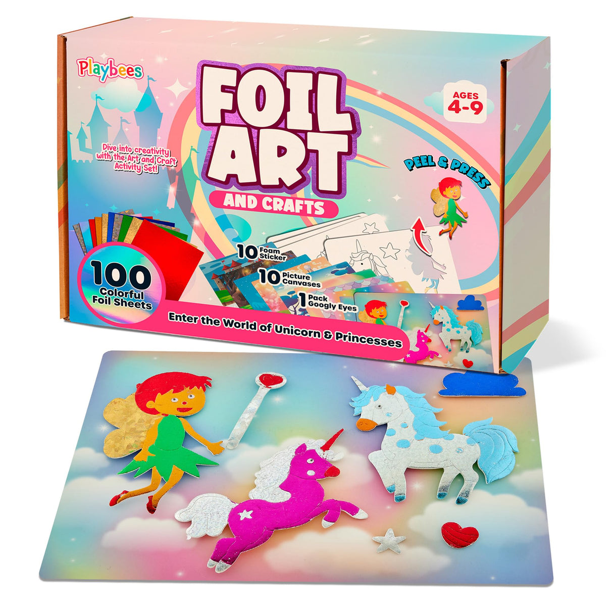 Playbees Foil Art Kit Unicorns & Princesses - Preschool Arts and Crafts Kit for Kids- No Mess Art for Boys & Girls Ages 4, 5, 6, 7, 8, 9 - DIY Creative Activity Art & Craft Activity Playbees