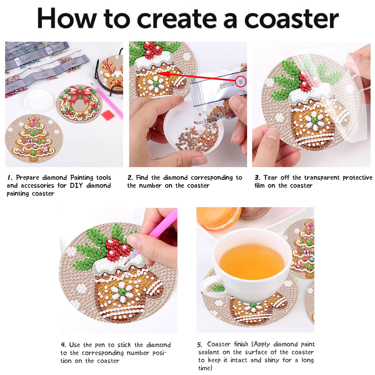 8 Pcs Diamond Art Coasters for Adults,5D DIY Diamond Painting Coasters Kit with Holder,Easy Christmas Diamond Painting for Beginners,Holiday Decor. Amzdiyfun