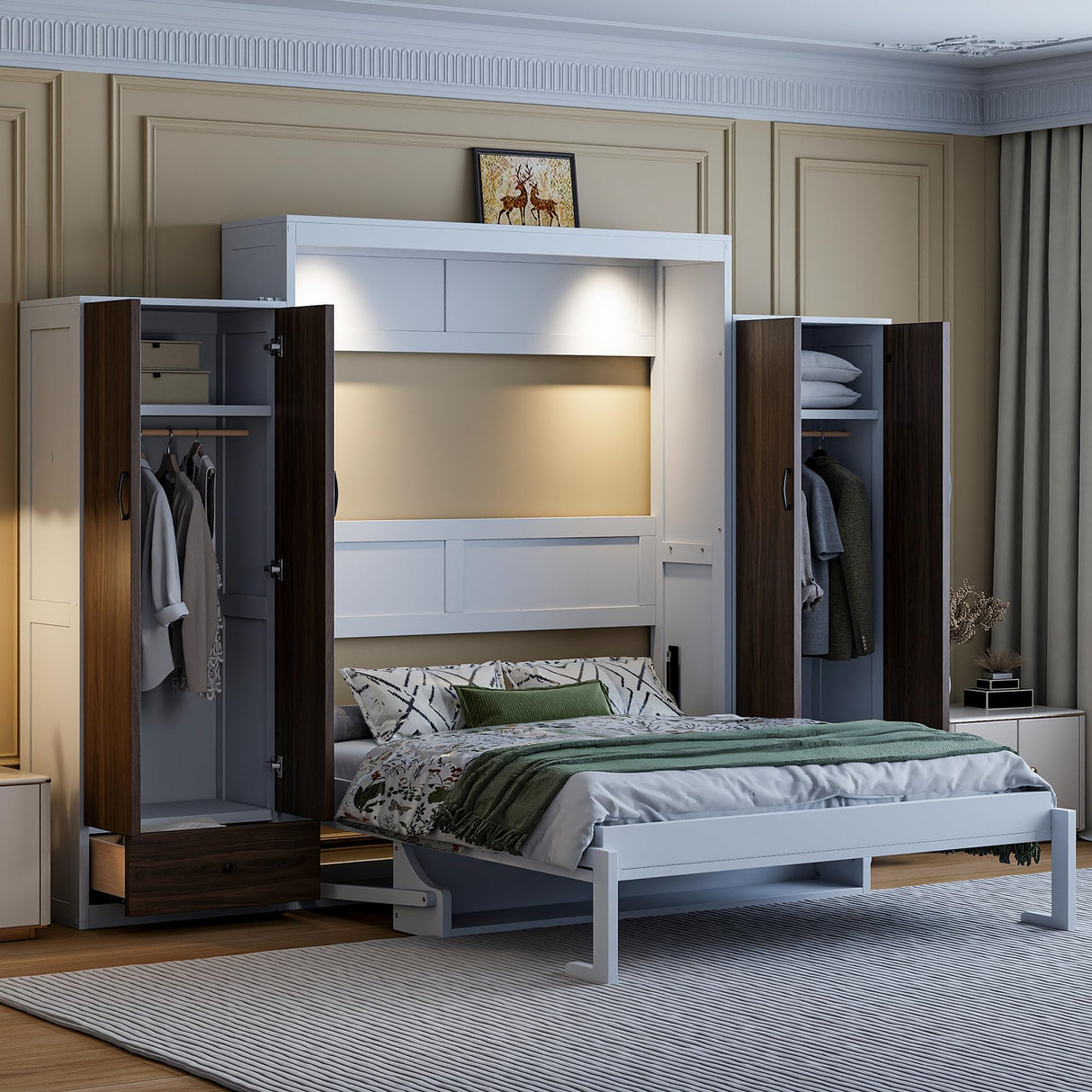 Flieks Full Size Murphy Bed, Wooden Full Wall Bed with Closet, Drawers and Desk, White Flieks