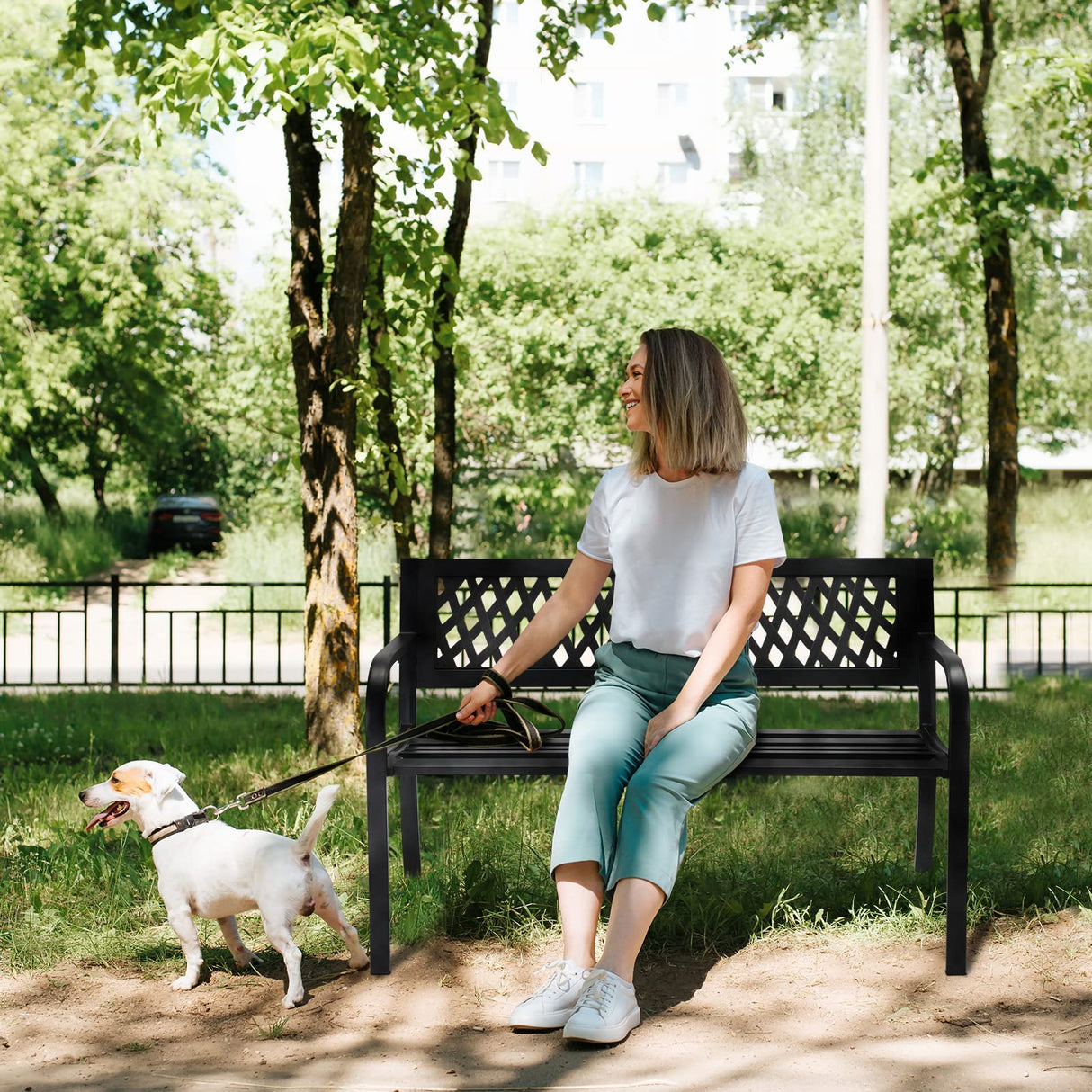 VINGLI Outdoor Metal Bench w/PVC Back - Black Garden Park Bench for Yard, Lawn, Decor, Deck, Entryway, Porch VINGLI