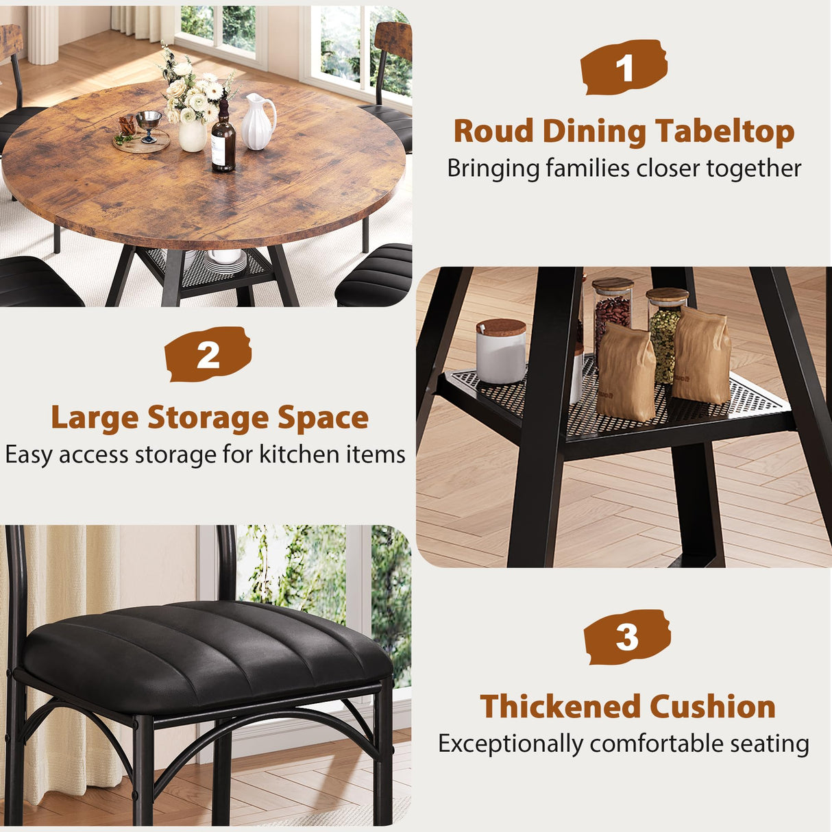 Round Dining Table Set for 4, Kitchen Table and Chairs for 4, Circle Table Round Pedestal Dining Room Dinner Dinette Table Set,5 Piece Space Saving Wood Kitchen & Dining Room Tables (Vintage, 42In) Jocoevol