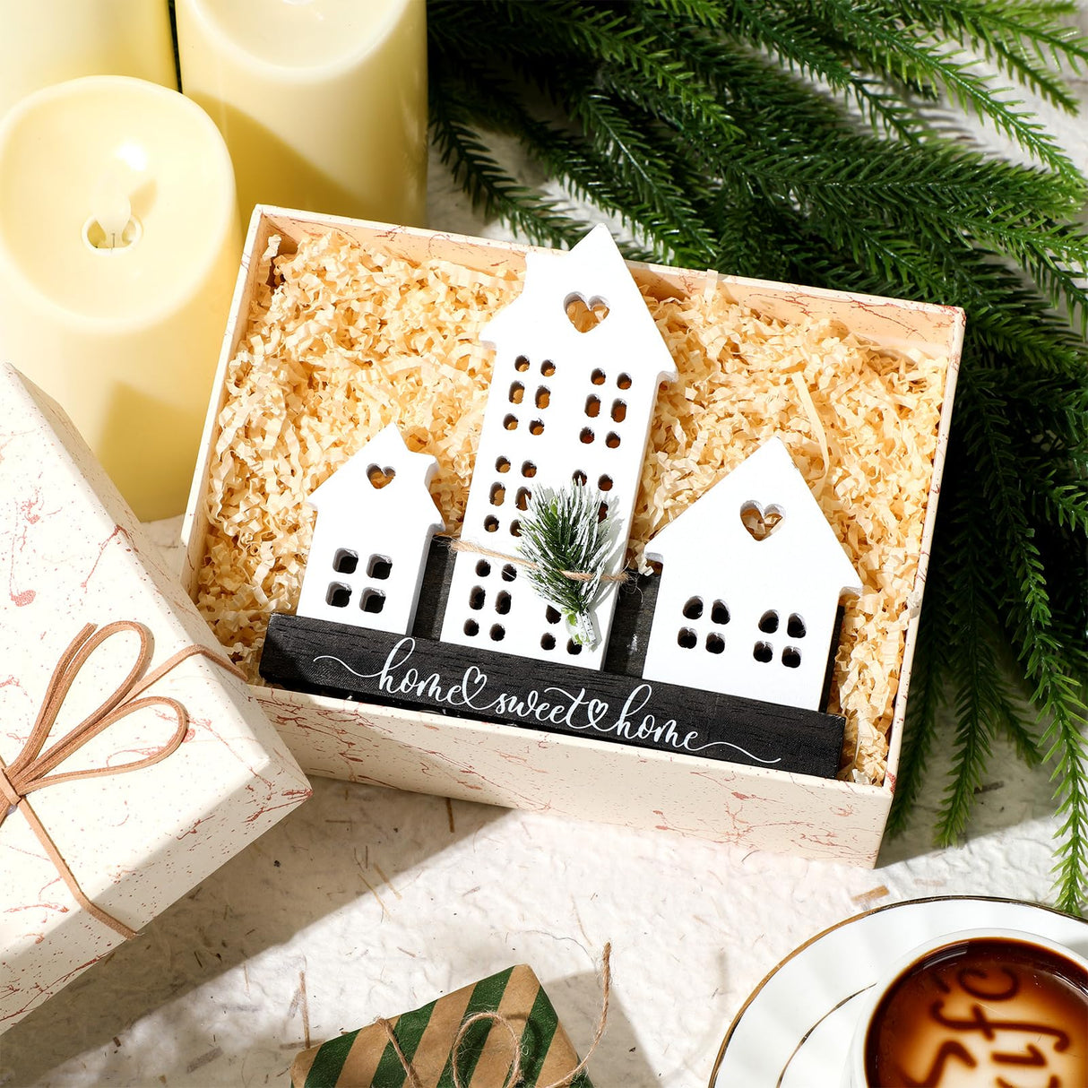 Yousoontic 1 Set White Village Houses Wooden Farmhouse Decorations Home Sweet Tabletop Decor Sign for welcome Centerpieces House Warming Gifts New Home Couple Yousoontic