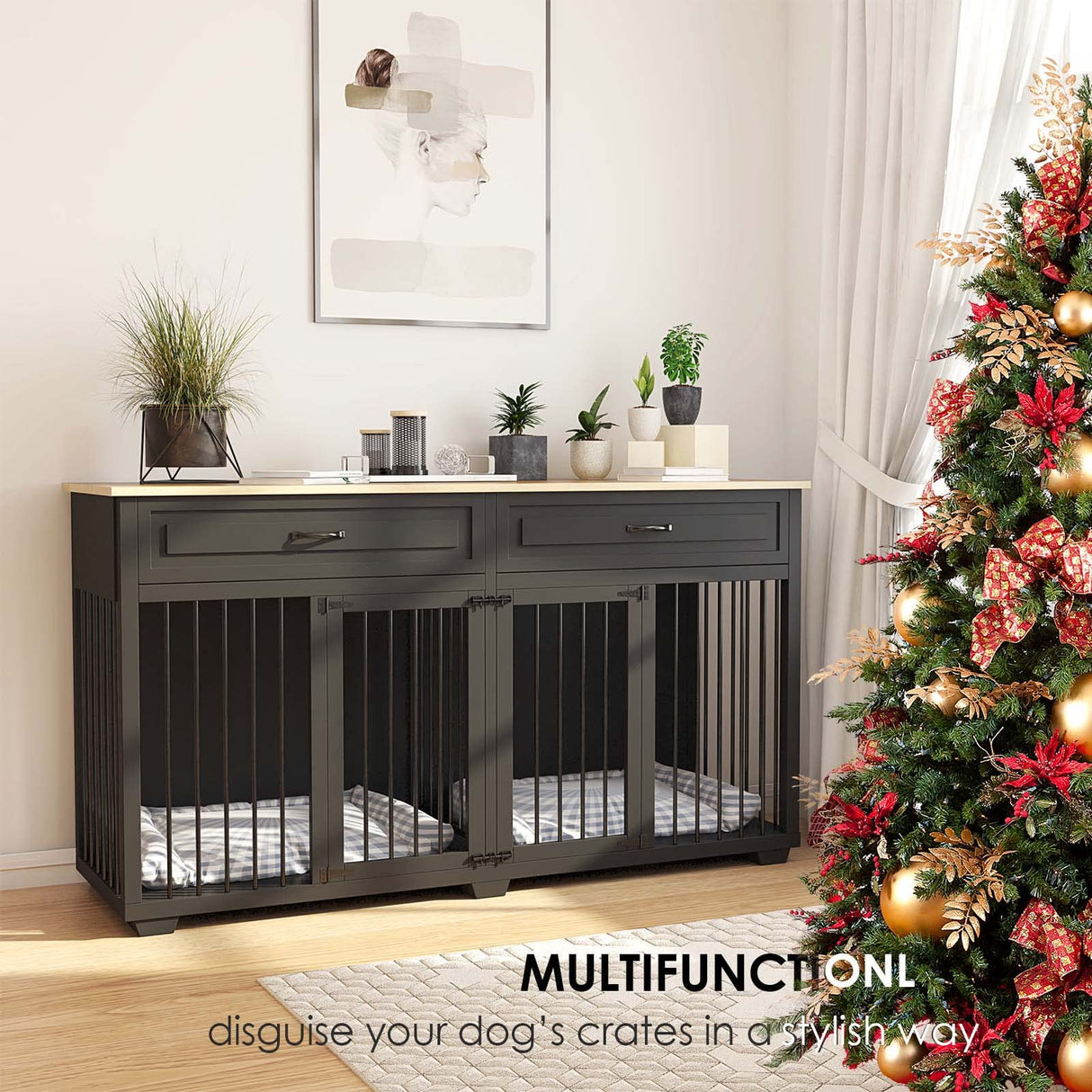 Lovinouse Furniture Style Dog Crate with Double Room, 73 Inch Wooden Dog Kennel with Removable Divider, Dog House TV Entertaiment Center for Small Medium Large X-Large Dogs (Black with Drawer) Lovinouse