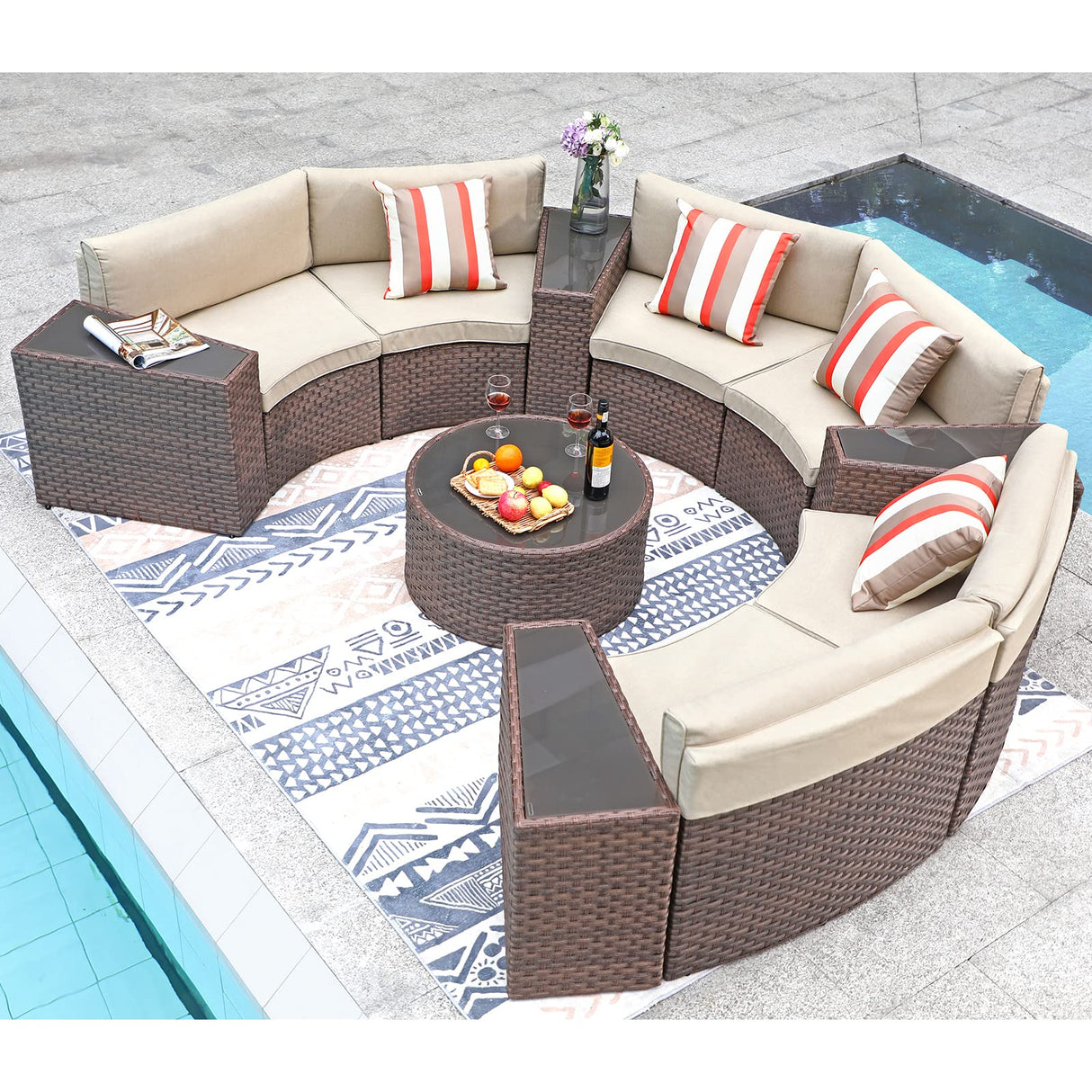 SUNSITT Outdoor Sectional Set 11-Piece Half Moon Patio Furniture Brown Wicker Sofa Beige Cushions with 4 Side Table and 4 Pillows SUNSITT