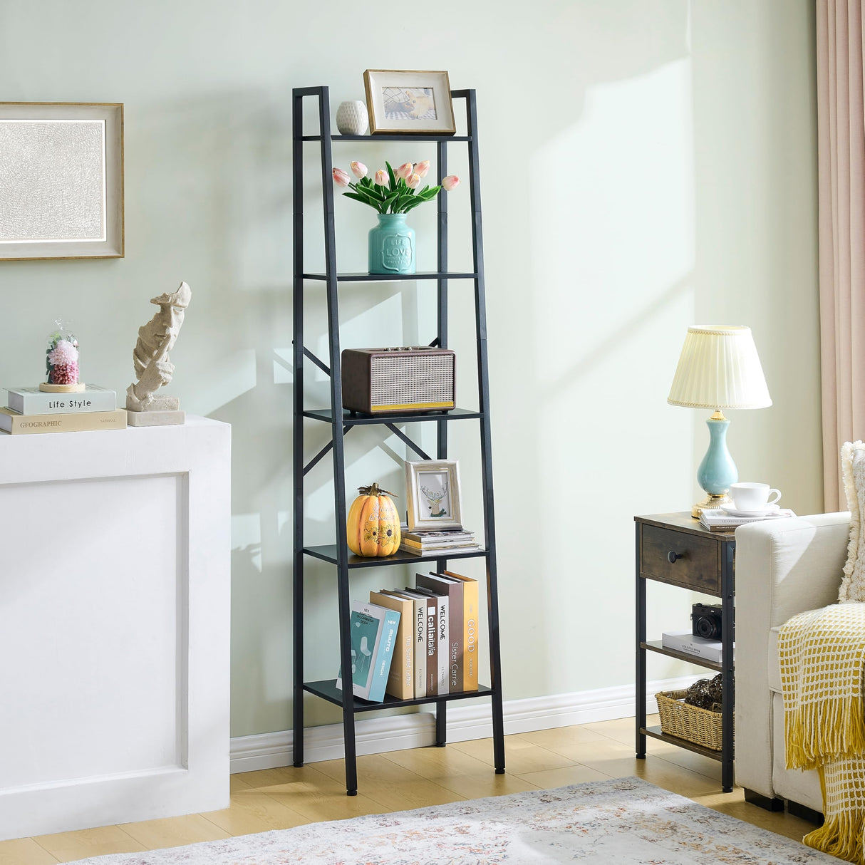 Hoctieon 5-Tier Industrial Ladder Bookshelf, Narrow Ladder Shelf, Tall Standing Bookshelf, Skinny Open Ladder Shelf, for Living Room, Home Office, Kitchen, Bedroom, Metal Frame, Black Hoctieon