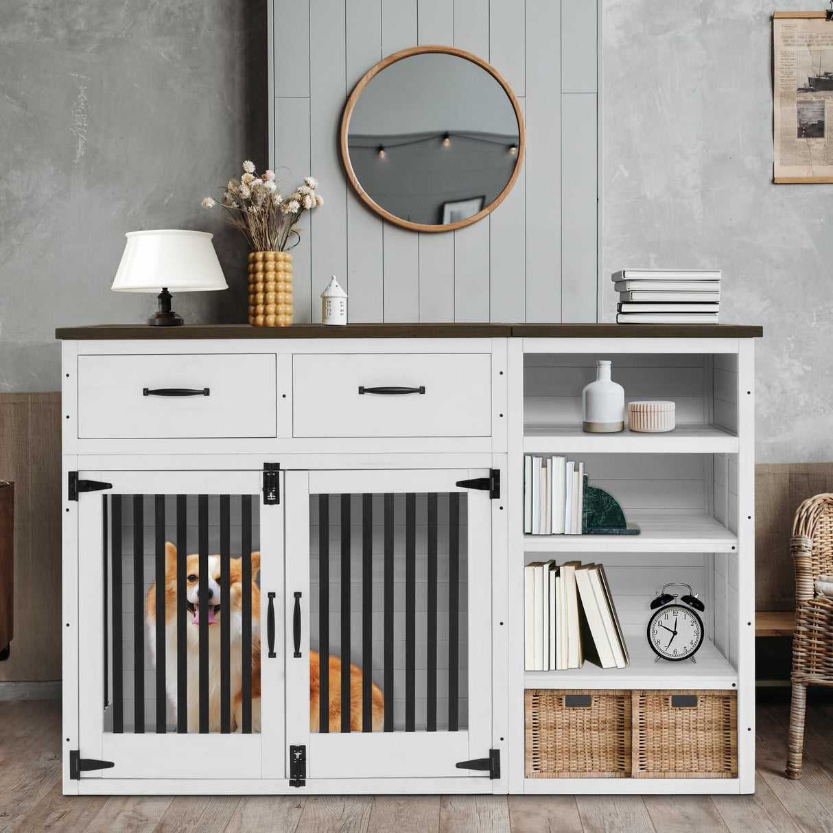 Lovupet Solid Wood Dog Crate Furniture, Medium Dog Cage with Adjustable Shelf and Storage Cabinet, 1775 Lovupet