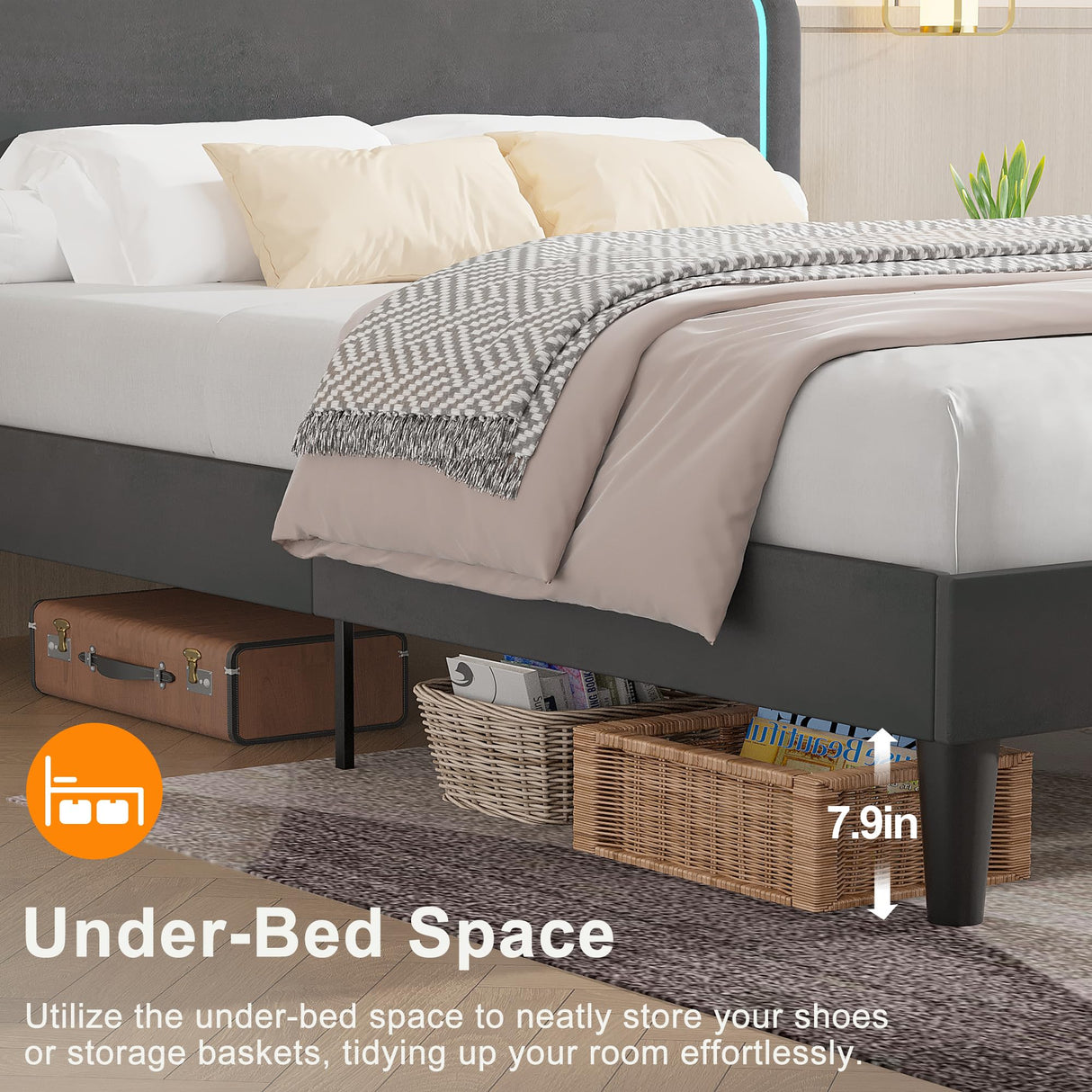 VECELO Upholstered Full Bed Frame with Headboard Adjustable, LED Lights, USB-A & Type-C, Velvet Platform Bed Noise Free, Mattress Foundation with Wooden Slats, No Box Spring Needed, Dark Grey VECELO