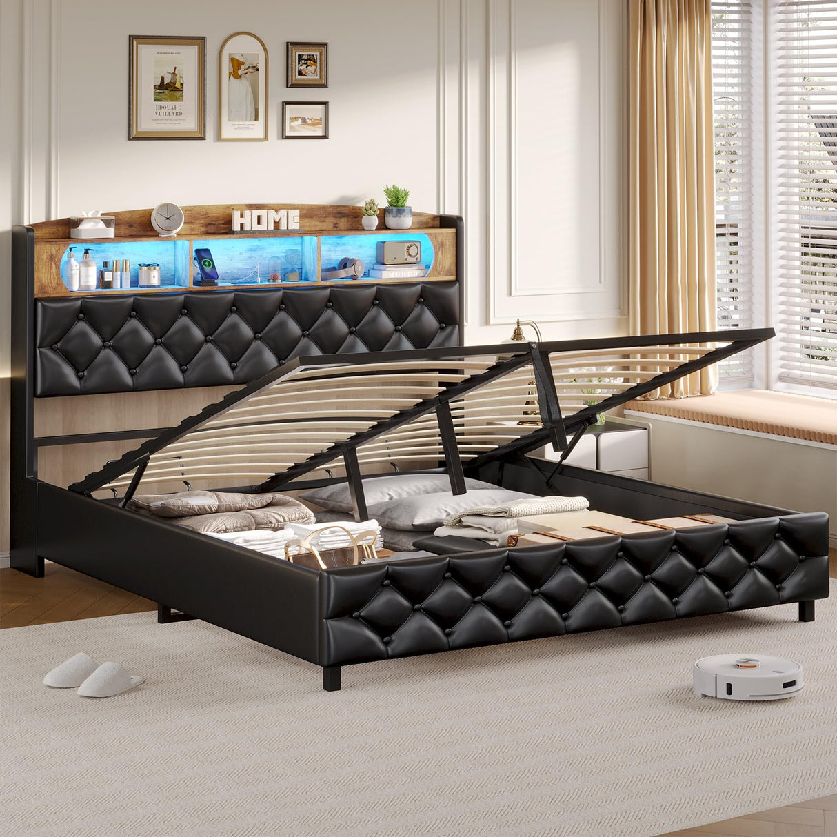 ADORNEVE Queen Bed Frame with LED Headboard, Hydraulic Lift Storage, and Built-in Charging Station in PU Black ADORNEVE
