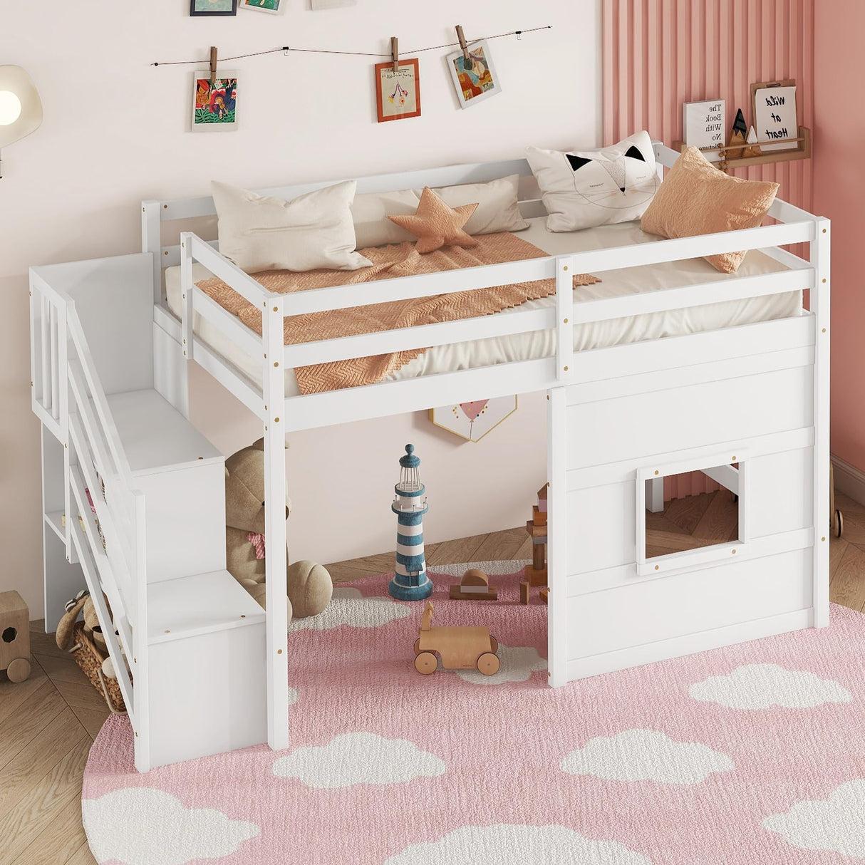 Twin Size Low Loft Bed with Stairs, Kids Loft Bed with Storage,Solid Wood Twin Loft Bed Frame for Kids, Space Saving Low Loft Bed for Boys, Girls, White Bellemave