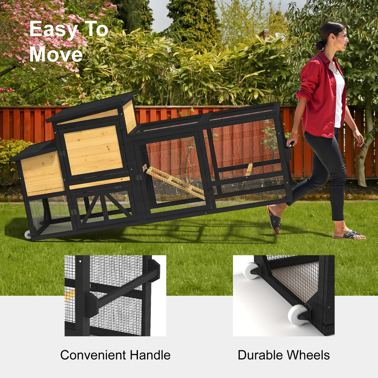 TIMHAKA 80'' Chicken Coop with Nesting Box, Outdoor Duck Coop, Chicken House for Outside, Wooden Chicken Coops with Run & Waterproof Asphalt Roof, Wheels, Removable Tray and Hanging Chicken Feeder TIMHAKA