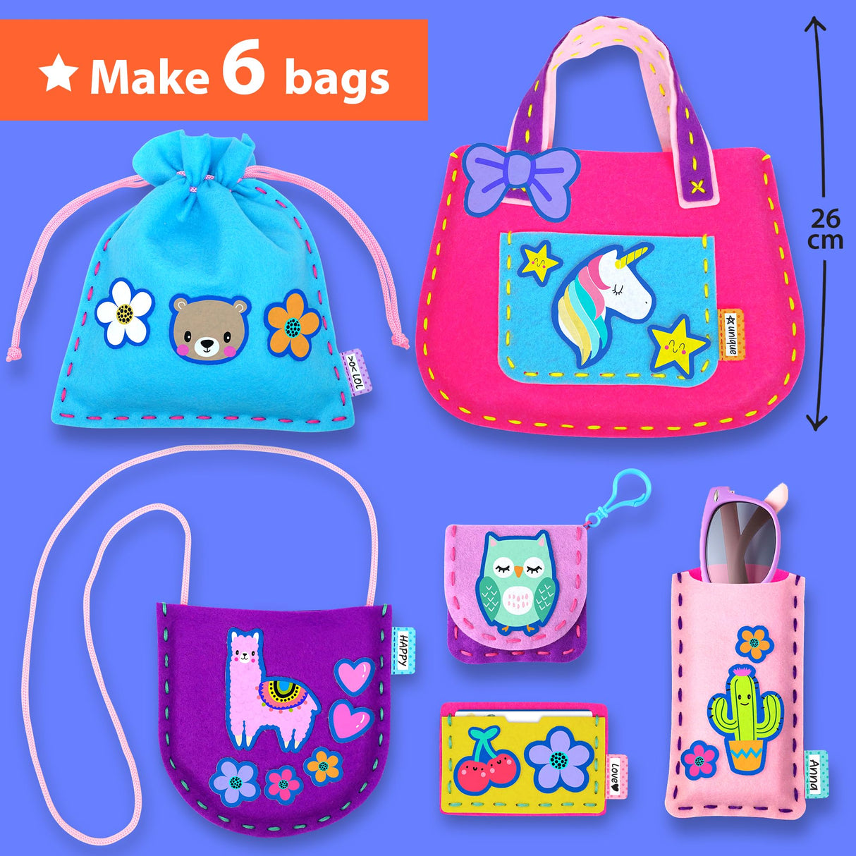 KRAFUN My First Sewing Bag Kit Arts & Crafts for Beginner Kids, 6 Easy DIY Sewing Handbag Pouch Sleeve Projects of Animal Theme, Instructions Learn to Sew & Felt Embroidery, Gift for Girls, Boys KRAFUN