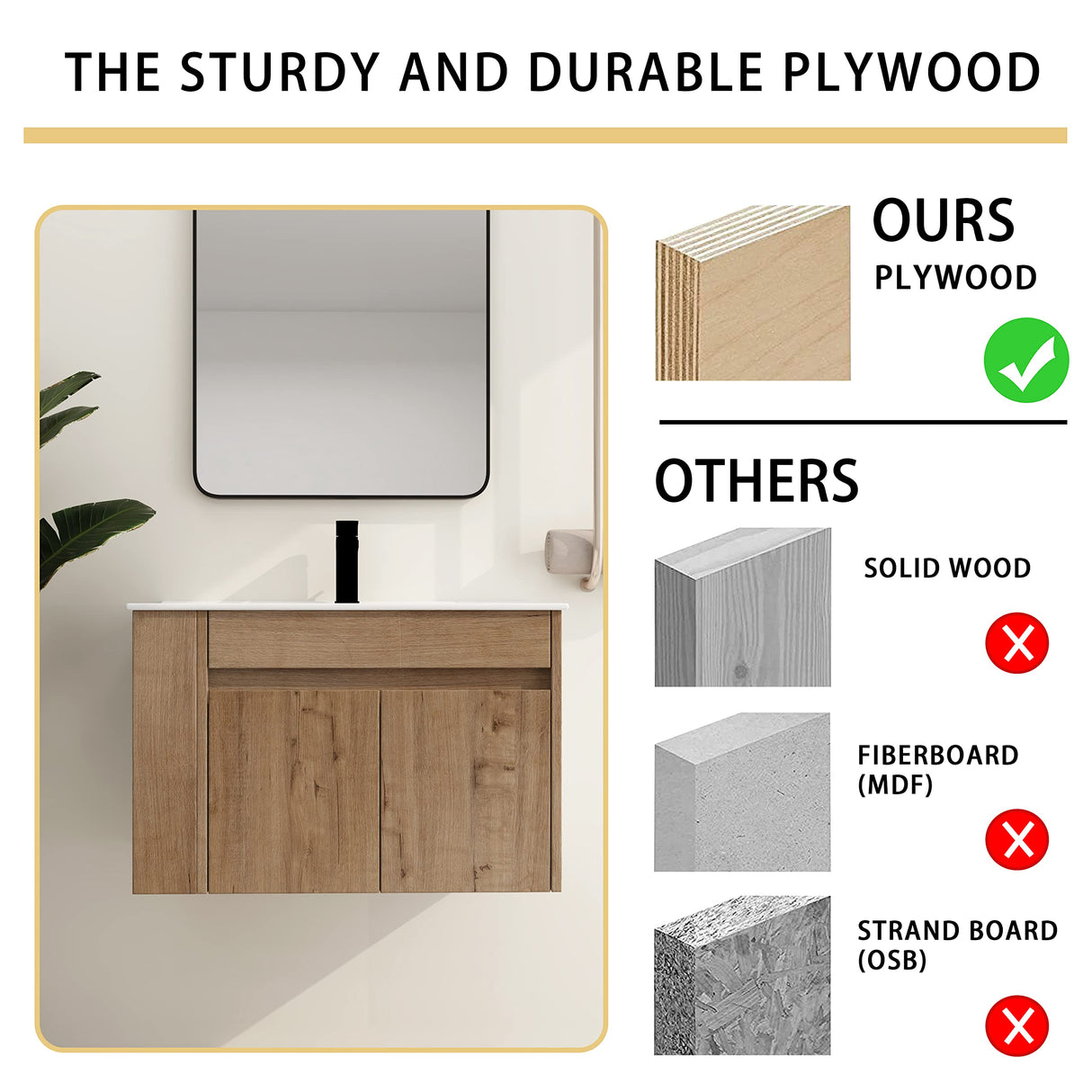 Malwee 30" Floating Bathroom Vanity with Sink, 30 Inch Single Sink Wall Mounted Bathroom Vanity, with 2 Doors and White Ceramic Basin Sink Top (027-30) Malwee