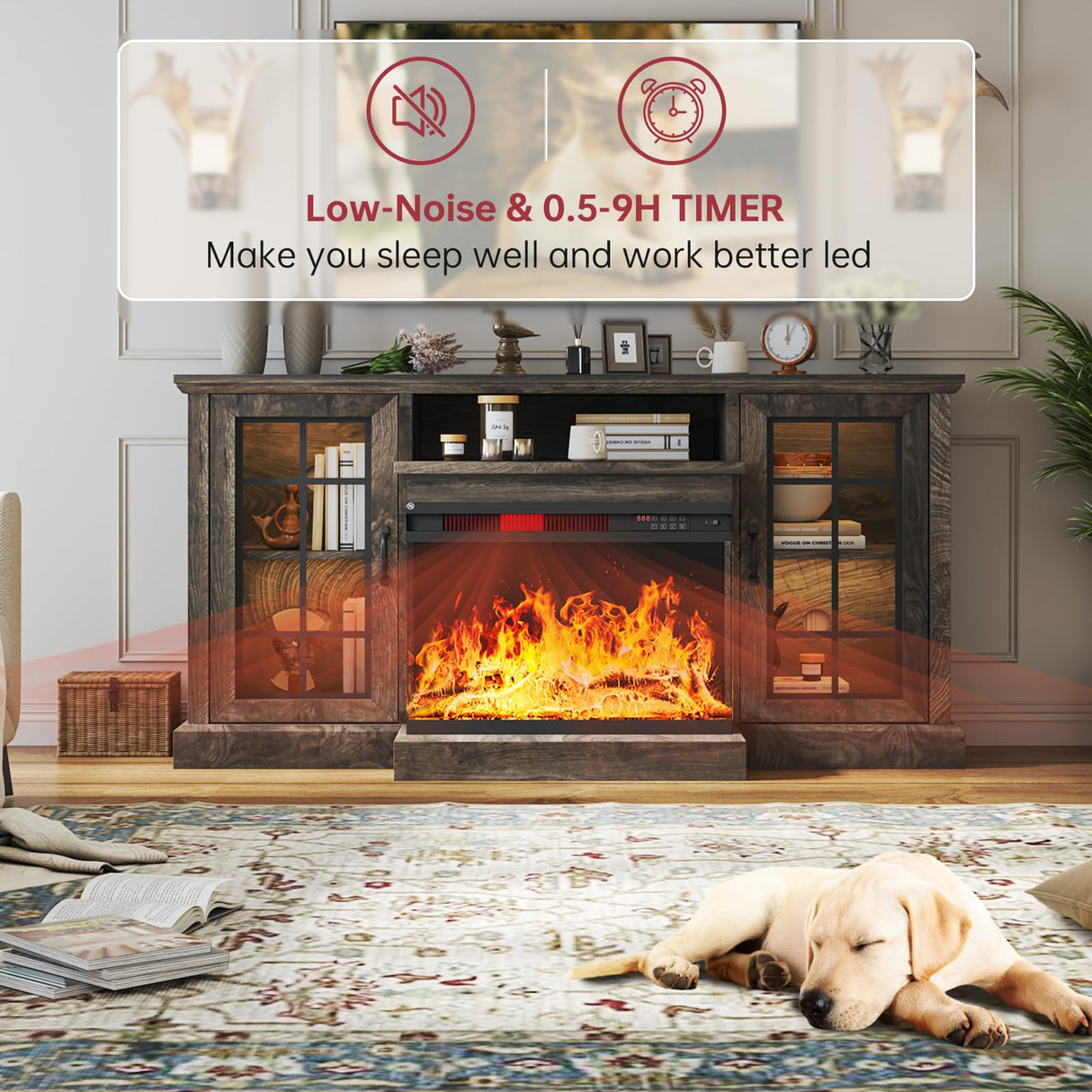 oneinmil 59'' Fireplace TV Stand, 3 Sided Glass Media Entertainment Center Console Table for TVs up to 65'' with Glass Door Adjustable Flame LED Color for Living Room, Set of TV Table, Grey oneinmil