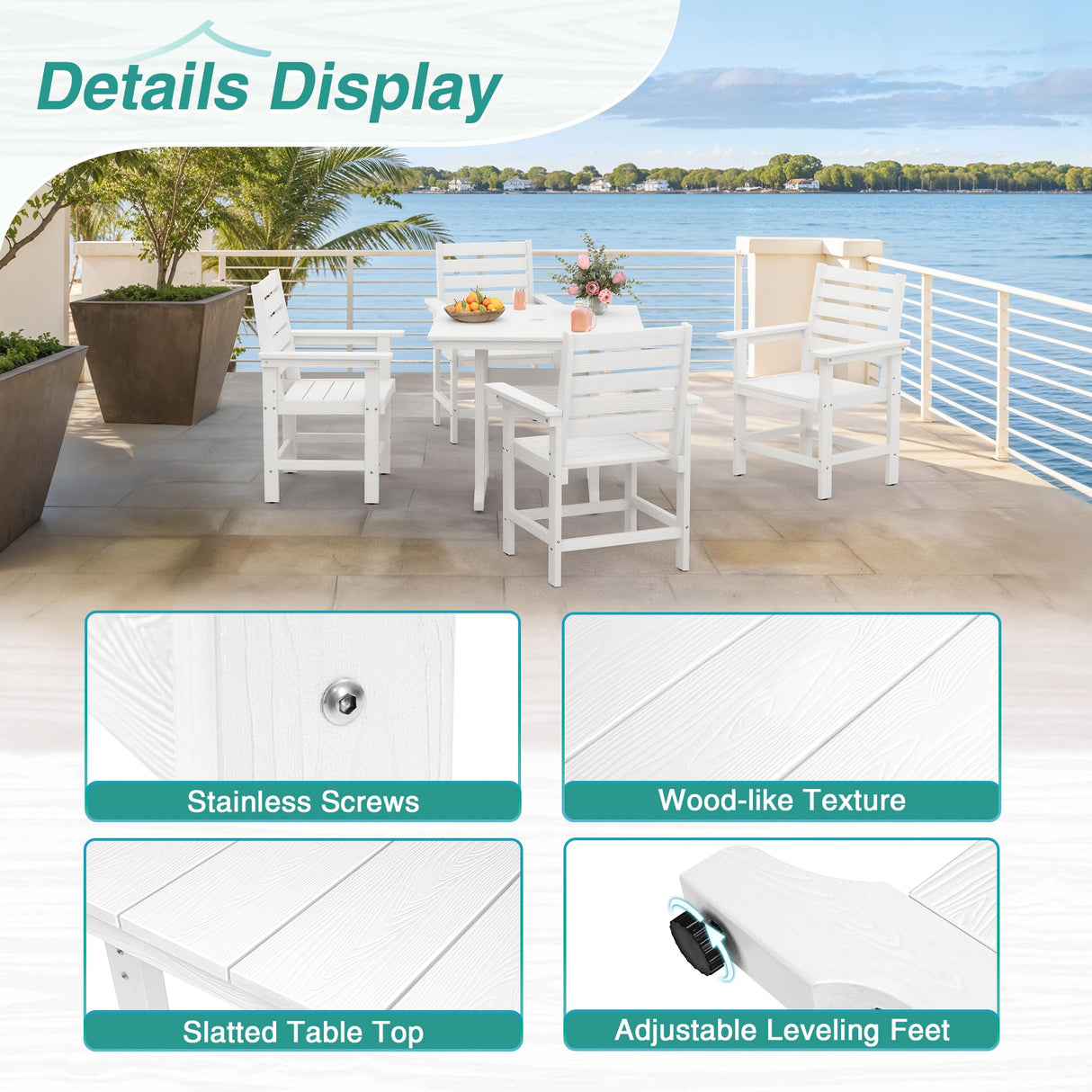 Homenjoy Patio Table and Chairs Set 5 Pieces, HDPS Weather Resistant Outdoor Dining Set, Square Outdoor Dining Table with 4 Patio Chairs, Patio Dining Set for Balcony, White Homenjoy