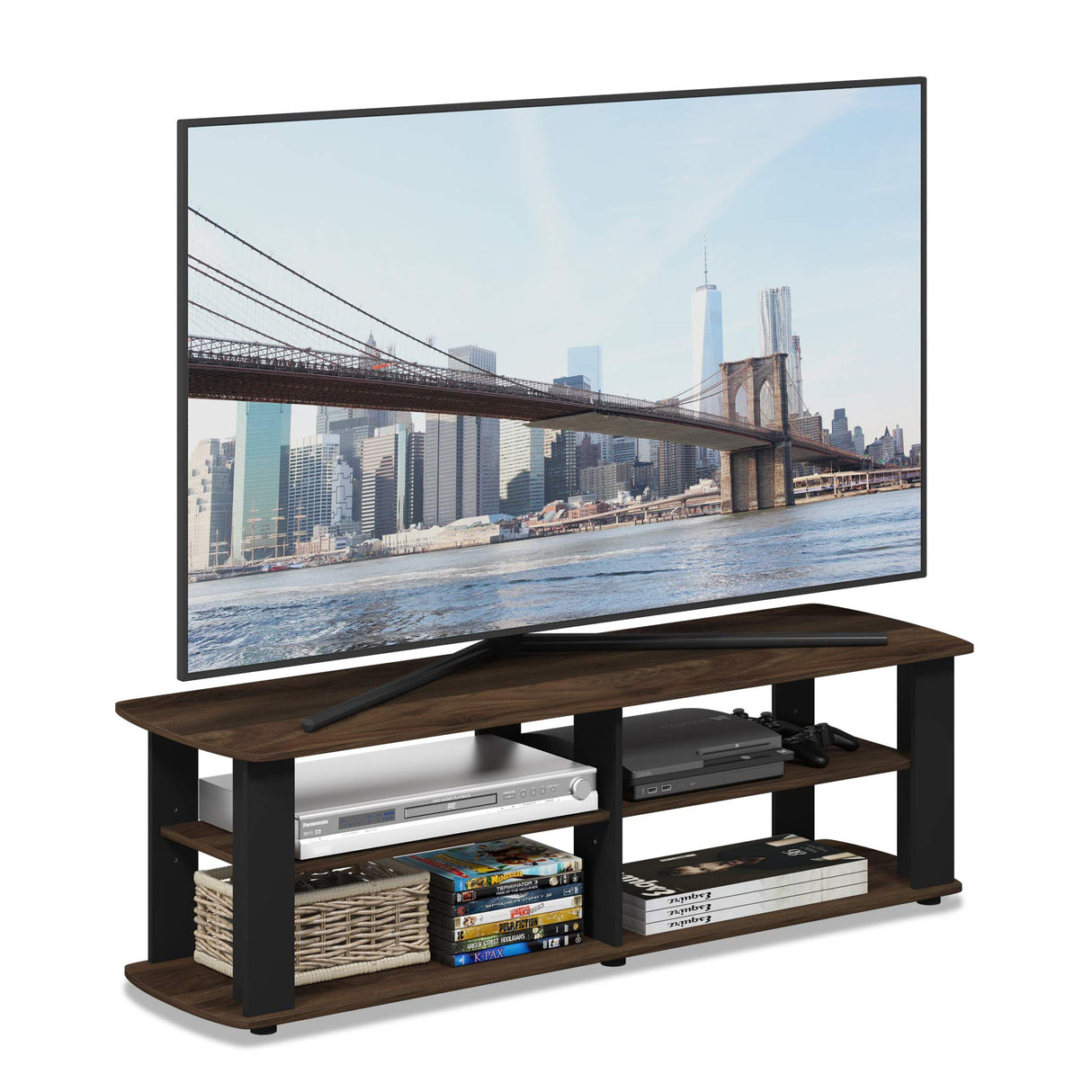FURINNO Nelly Entertainment Center TV Stand, Short 43.3"(W) x13.4(H) x13.1(D), Columbia Walnut/Black Furinno