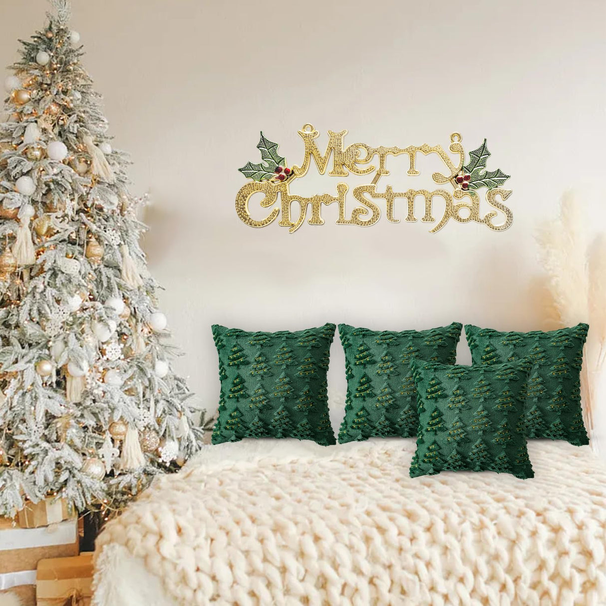 4 Pcs Christmas Throw Pillow Covers 18x18, Soft Faux Fur Pillow Cases Holiday Decorations, Fluffy Plush Accent Couch Cushion Case for Festivals Winter Sofa Living Room Home Decor(Green Tree) janbrm